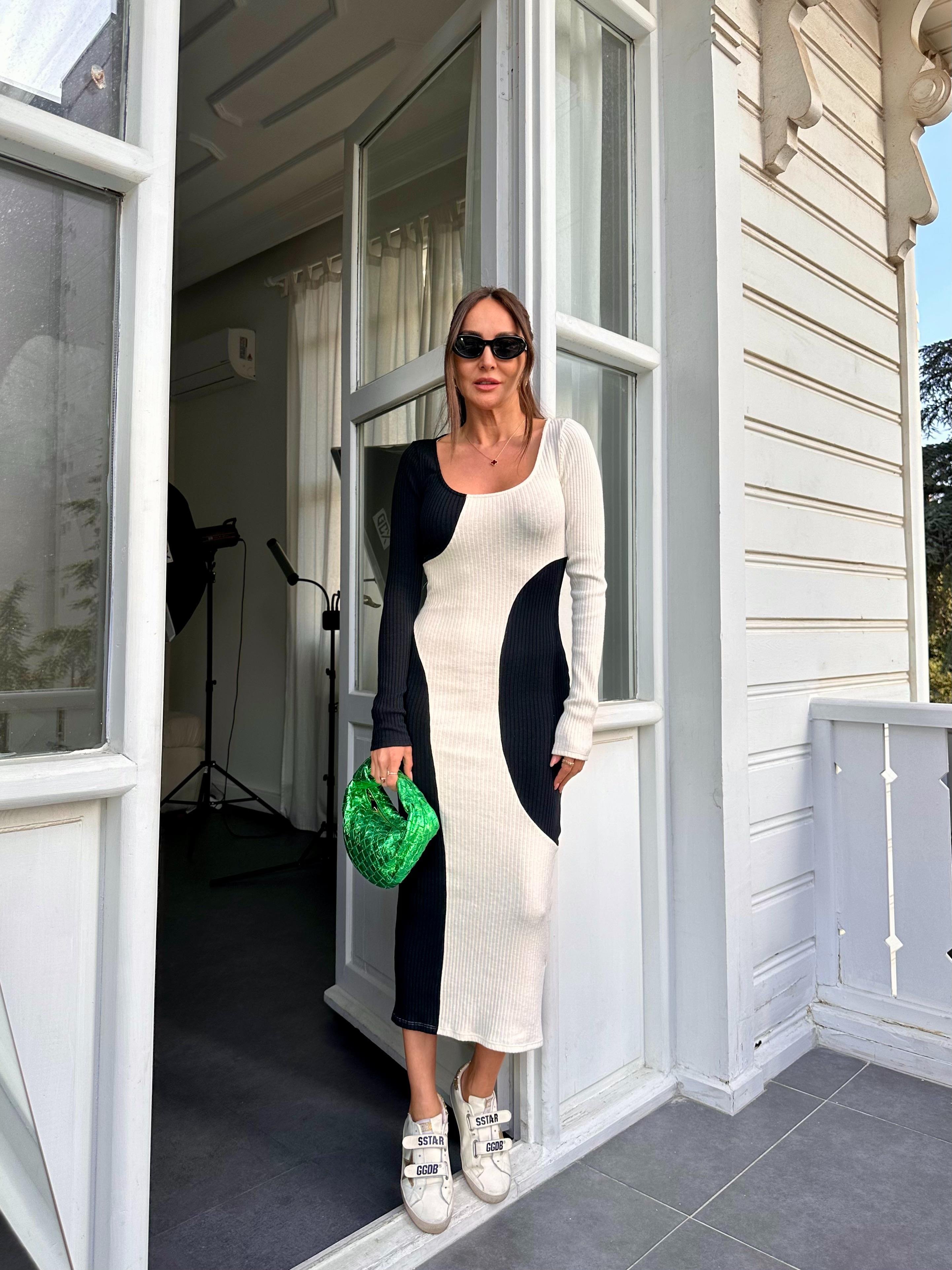 Siyah Ekru Desenli Elbise