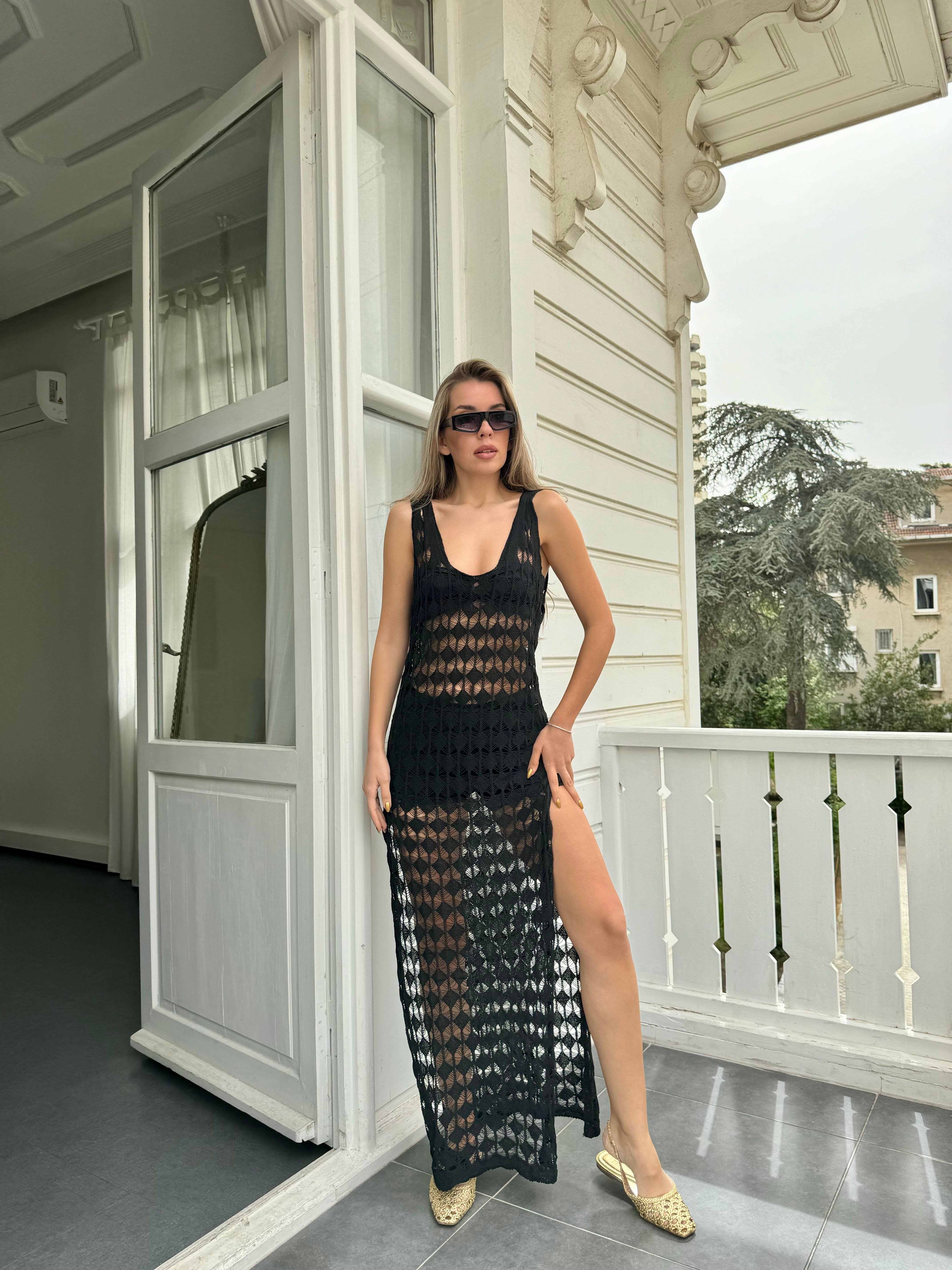 Siyah File Plaj Elbisesi