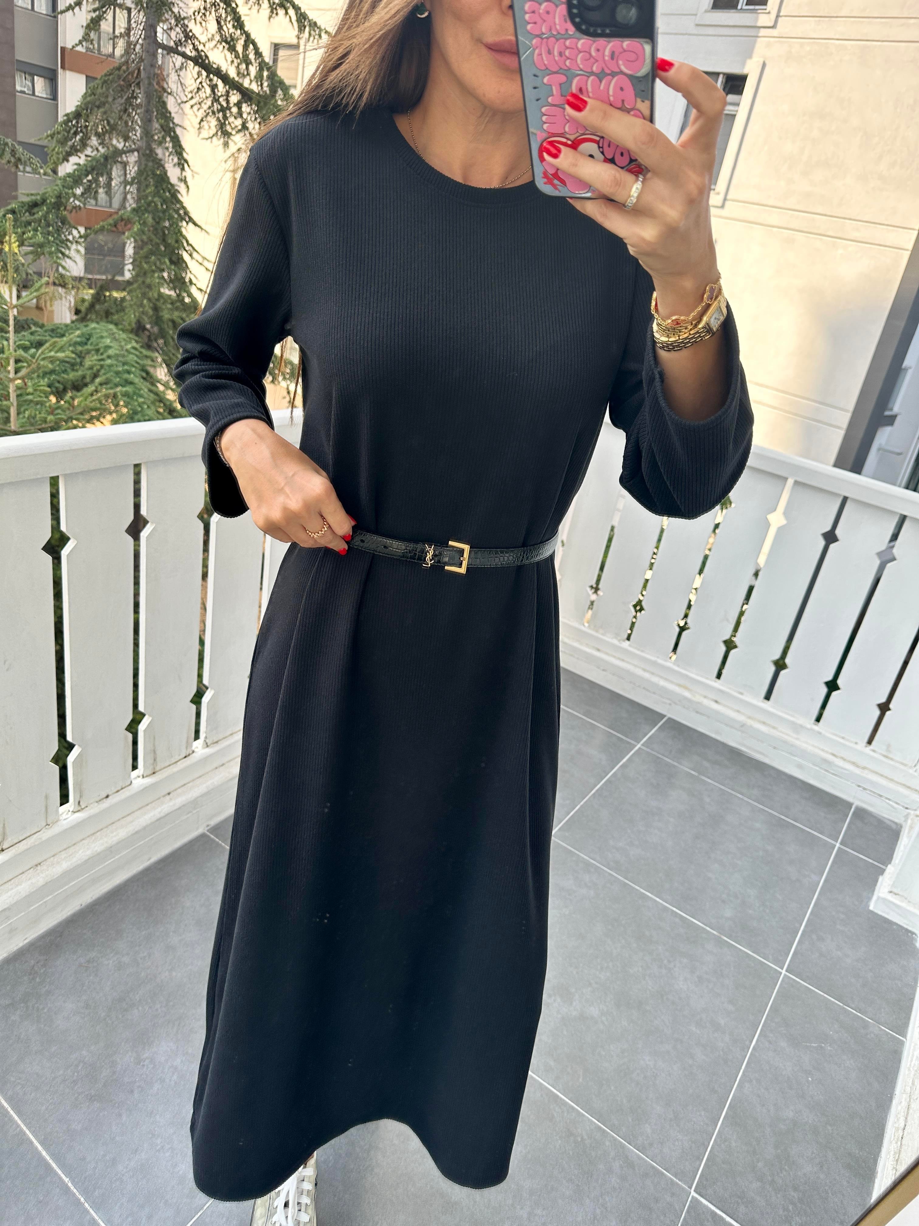 Siyah Fitilli Basic Elbise