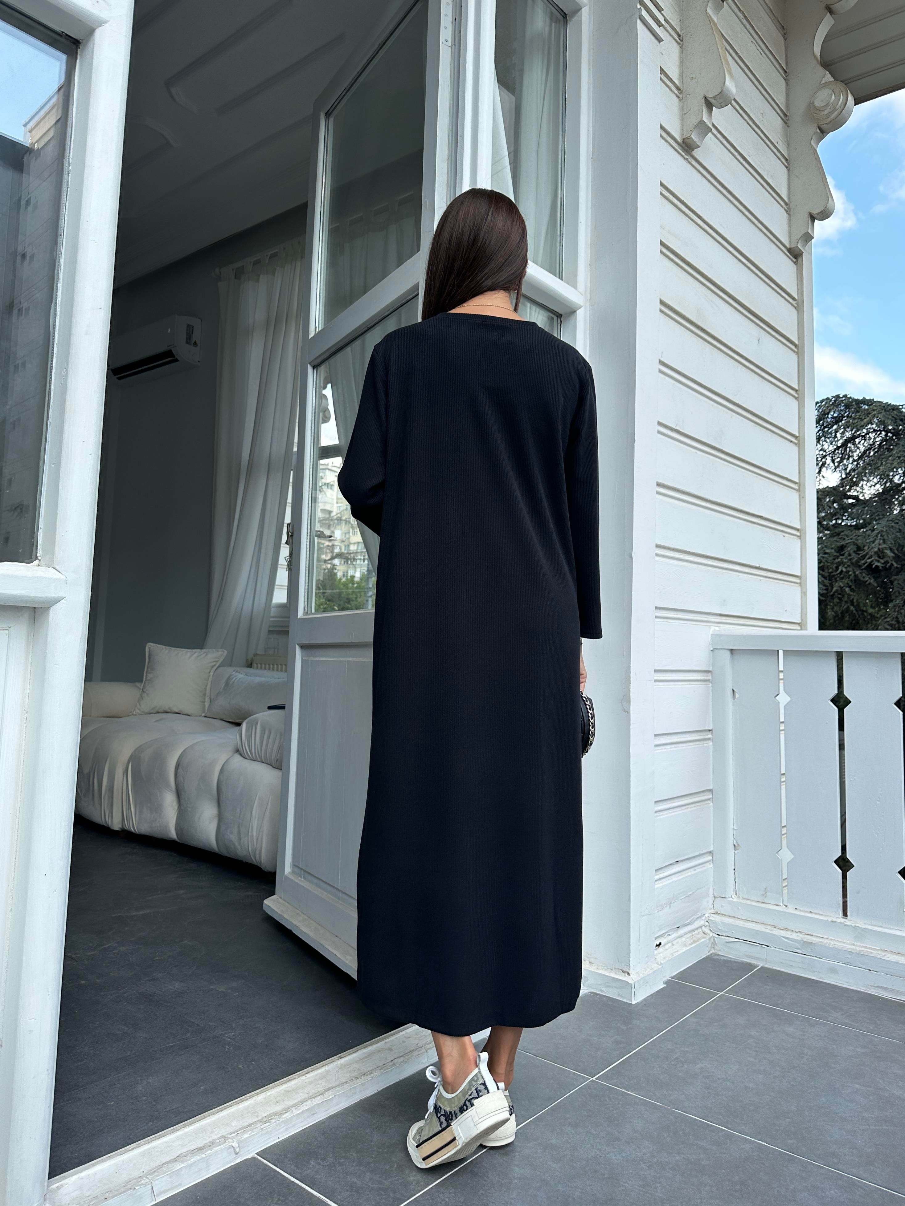 Siyah Fitilli Basic Elbise