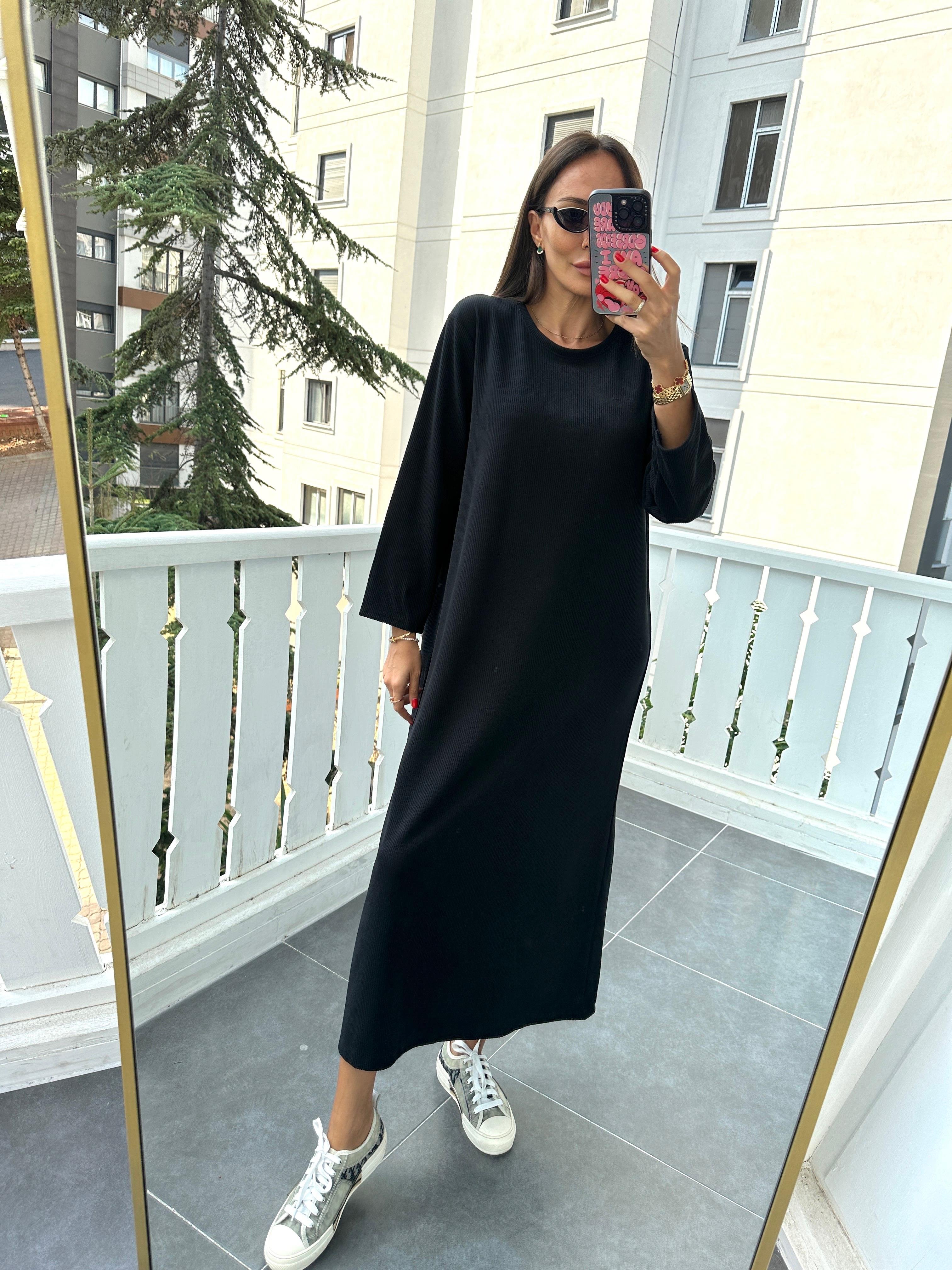 Siyah Fitilli Basic Elbise