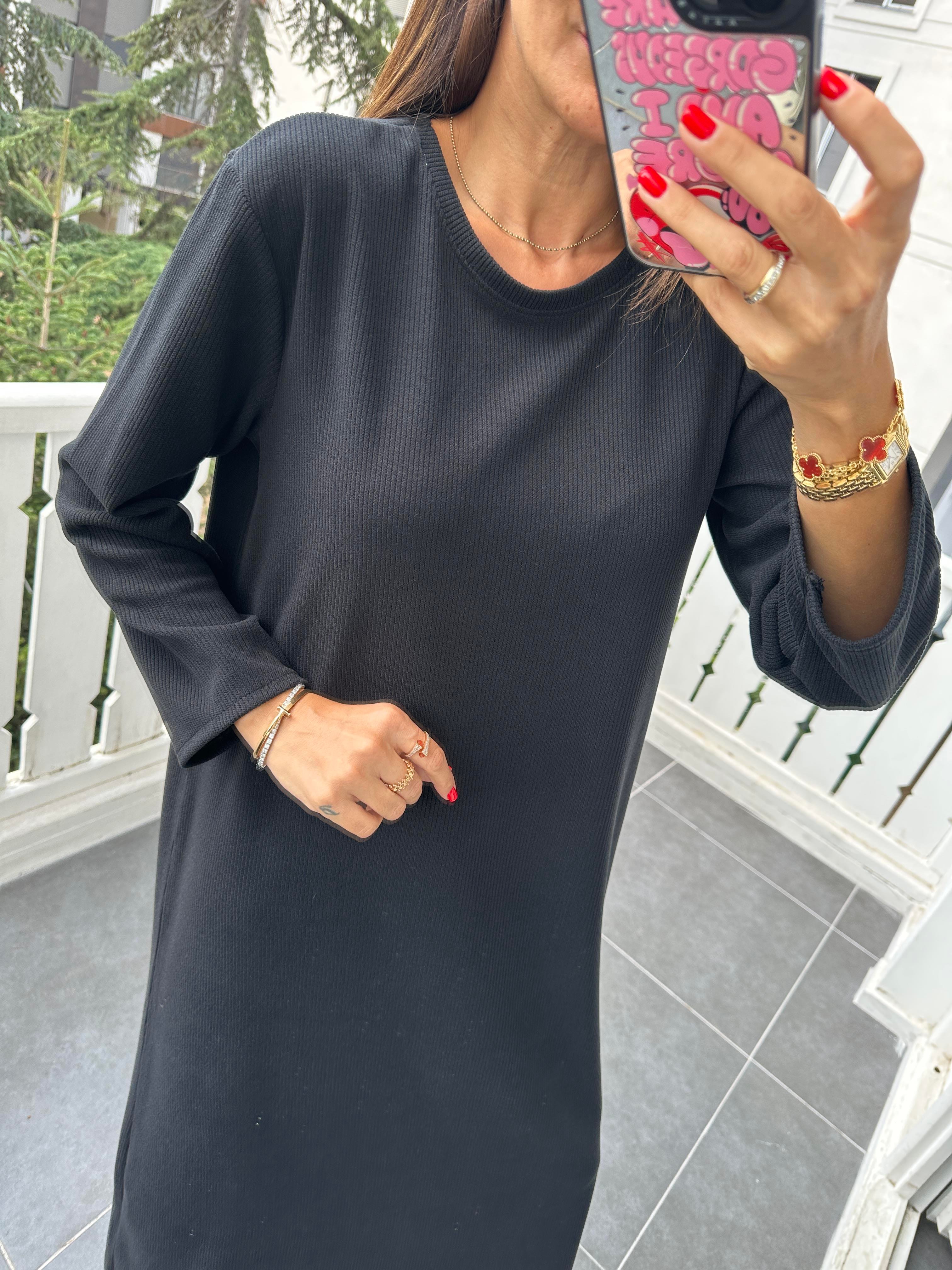 Siyah Fitilli Basic Elbise