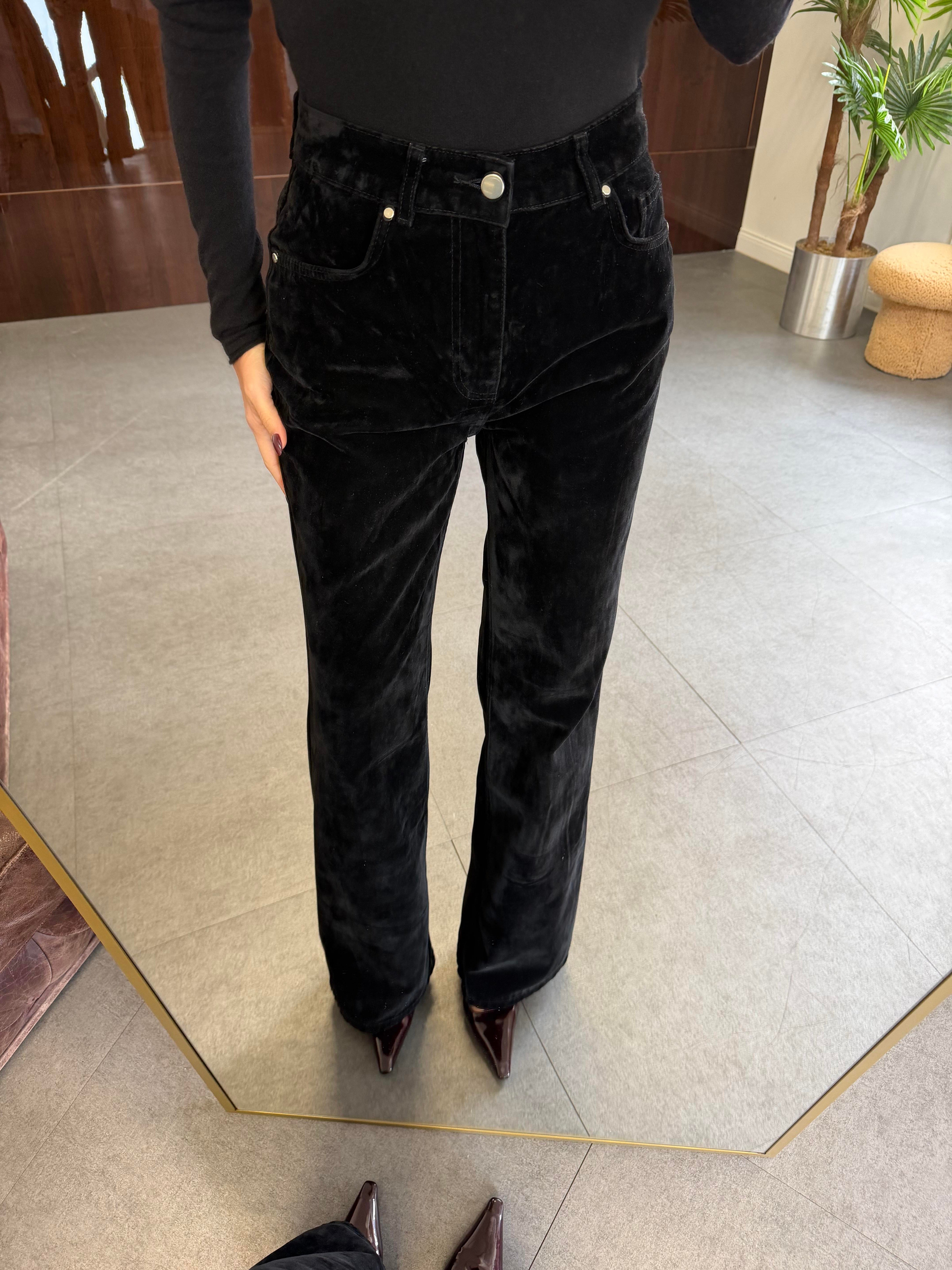 Siyah Flok Kaplama Wide Leg Pantolon