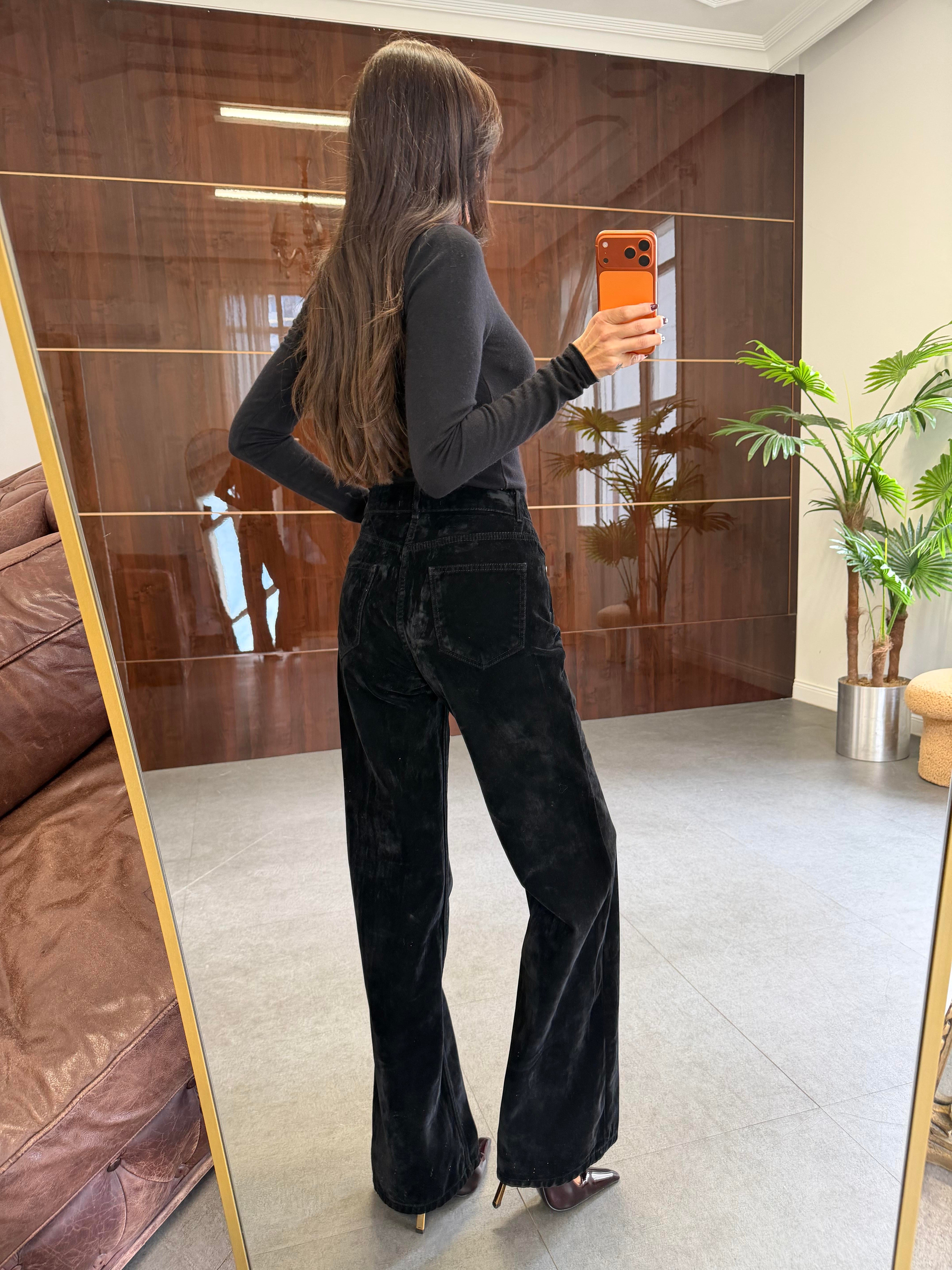 Siyah Flok Kaplama Wide Leg Pantolon