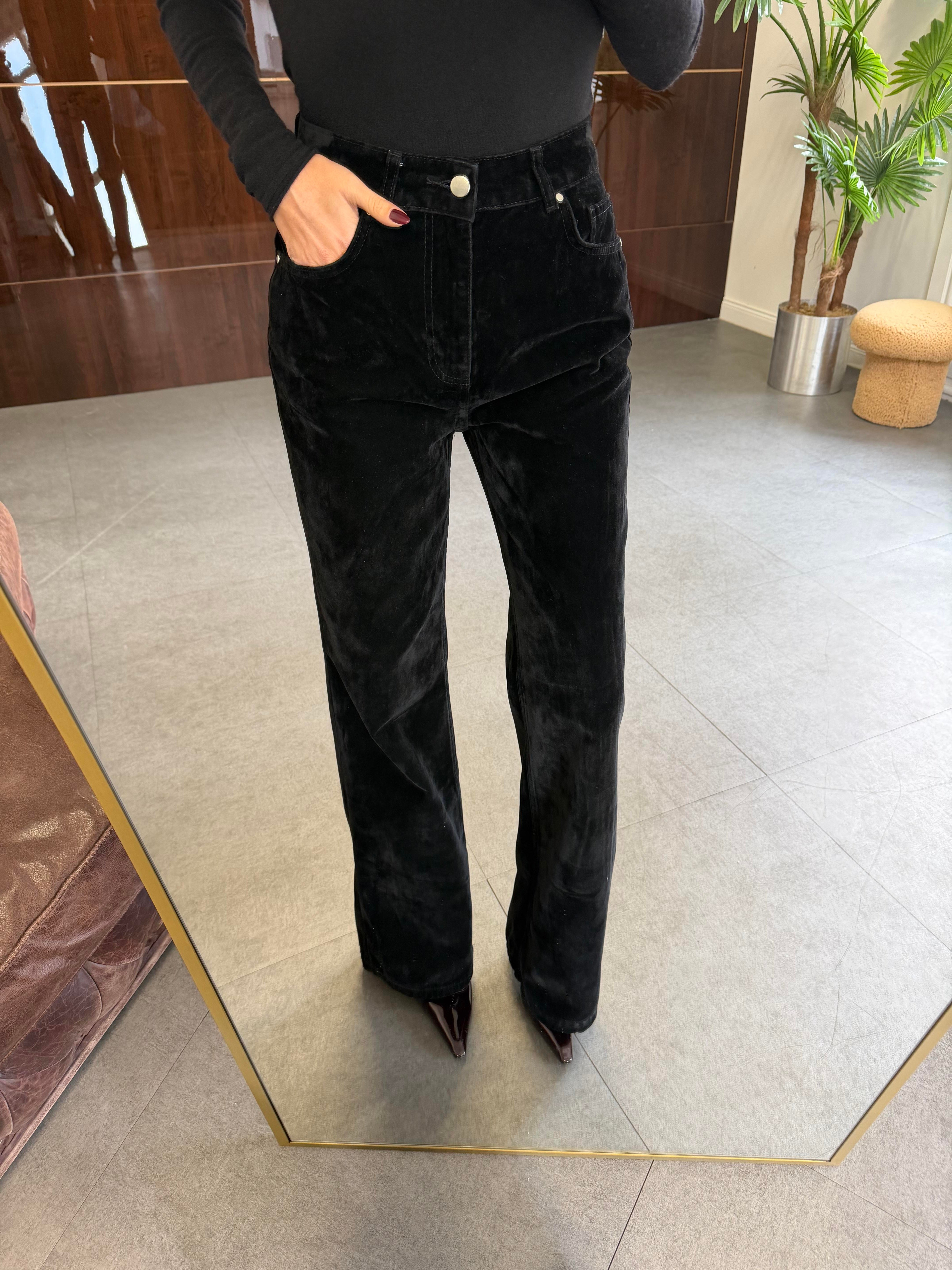 Siyah Flok Kaplama Wide Leg Pantolon