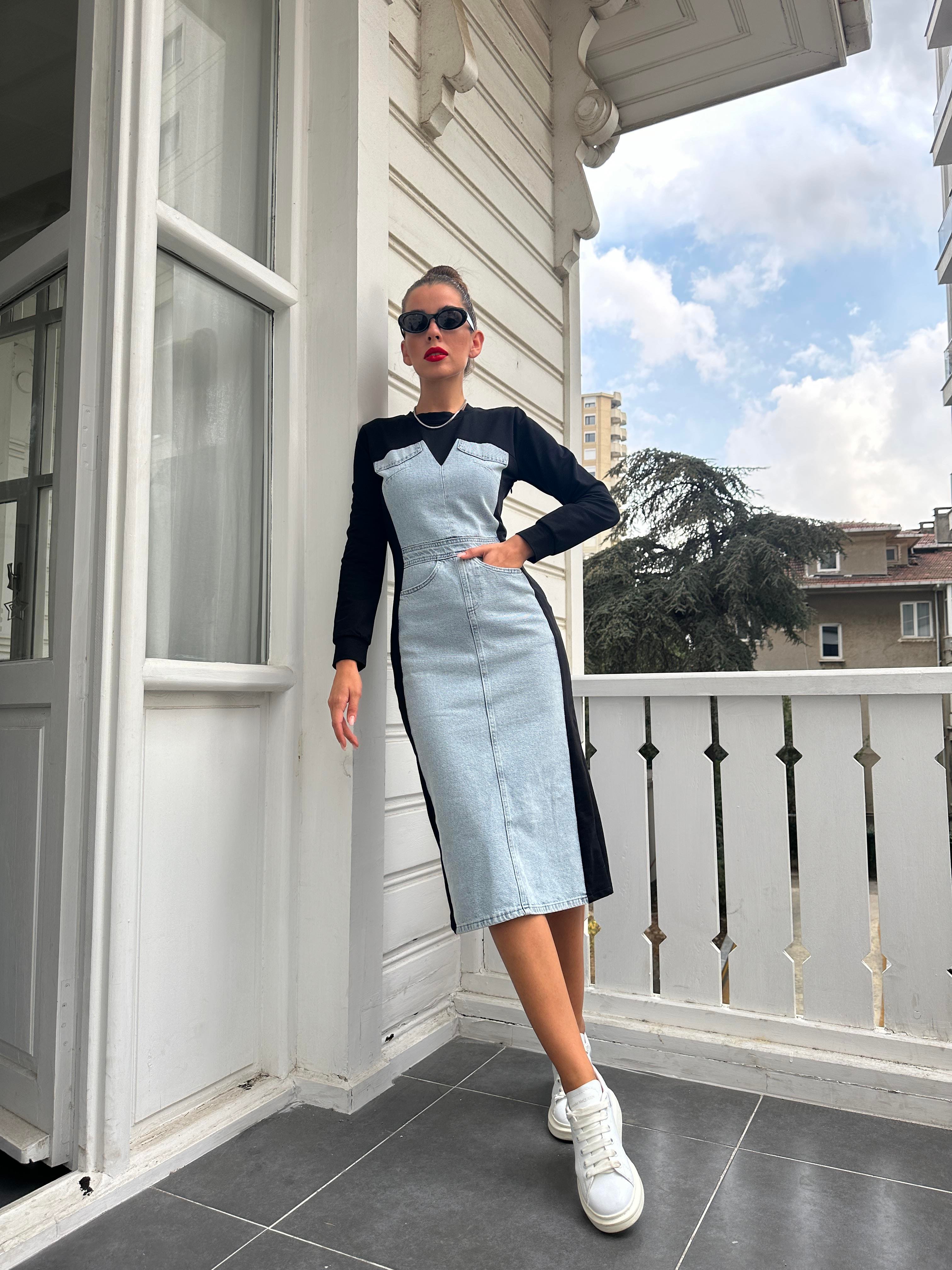 Siyah Garnili Midi Elbise