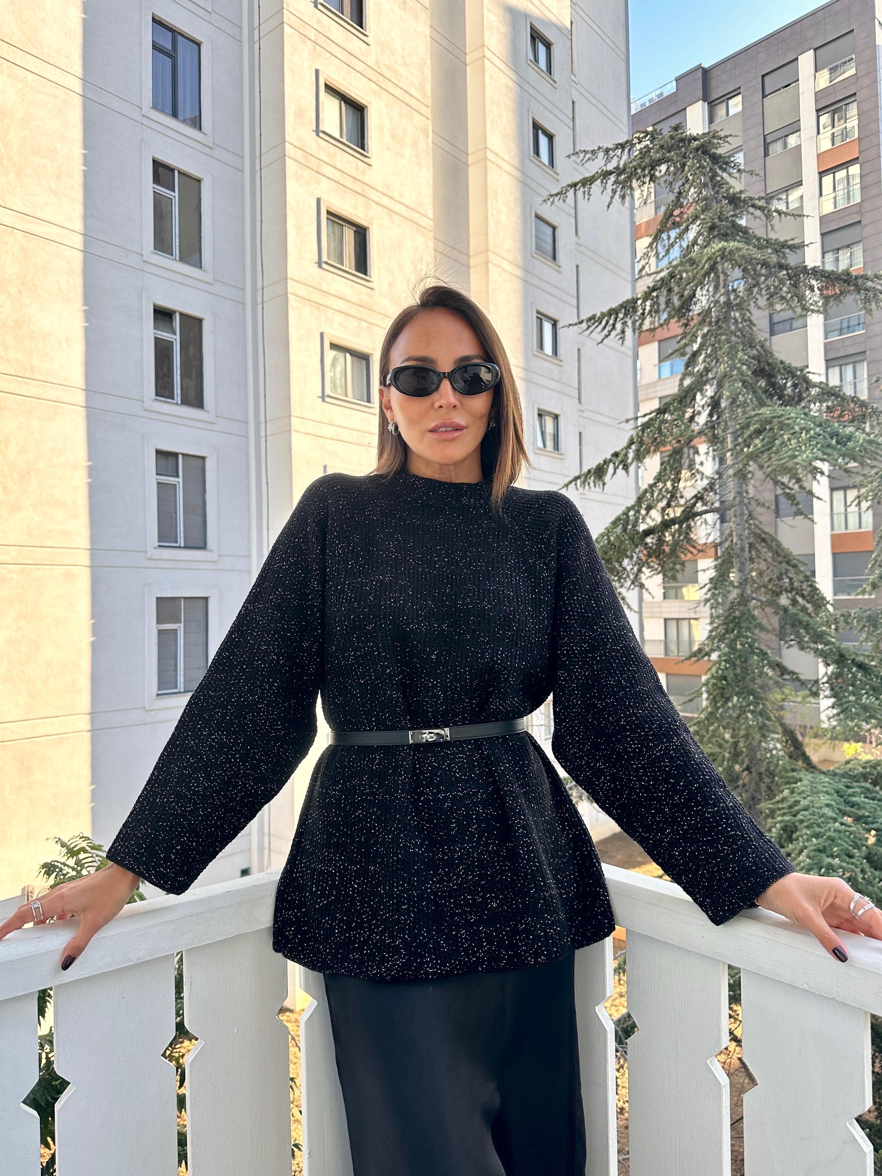 Siyah Gümüş Simli Selanik Triko