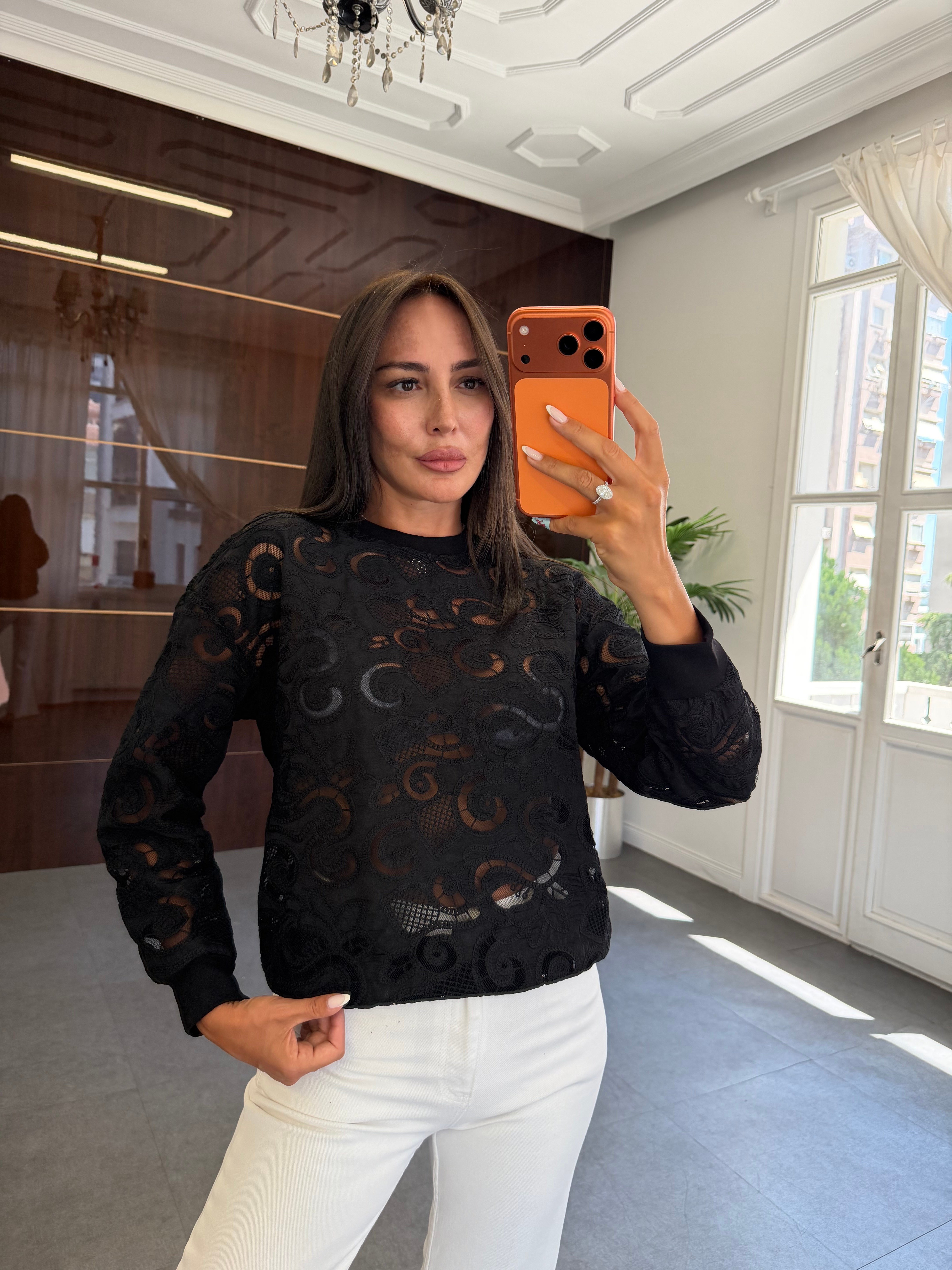 Siyah Güpürlü Transparan Sweatshirt