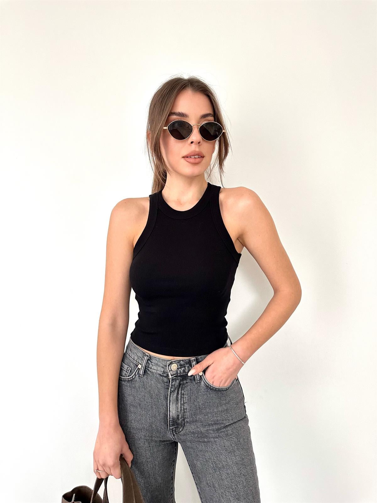 Siyah  Halter Yaka Basic Bluz