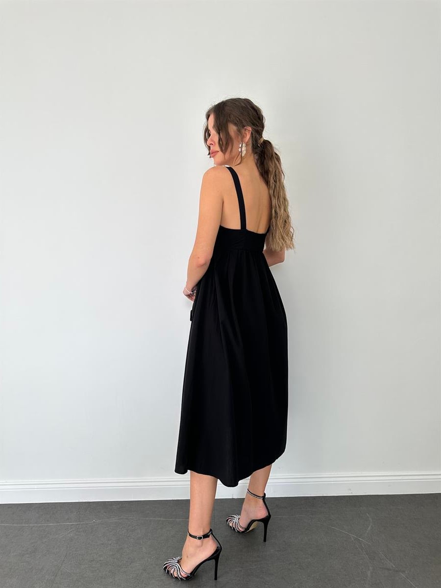 Siyah  Kalın Askılı Midi Elbise