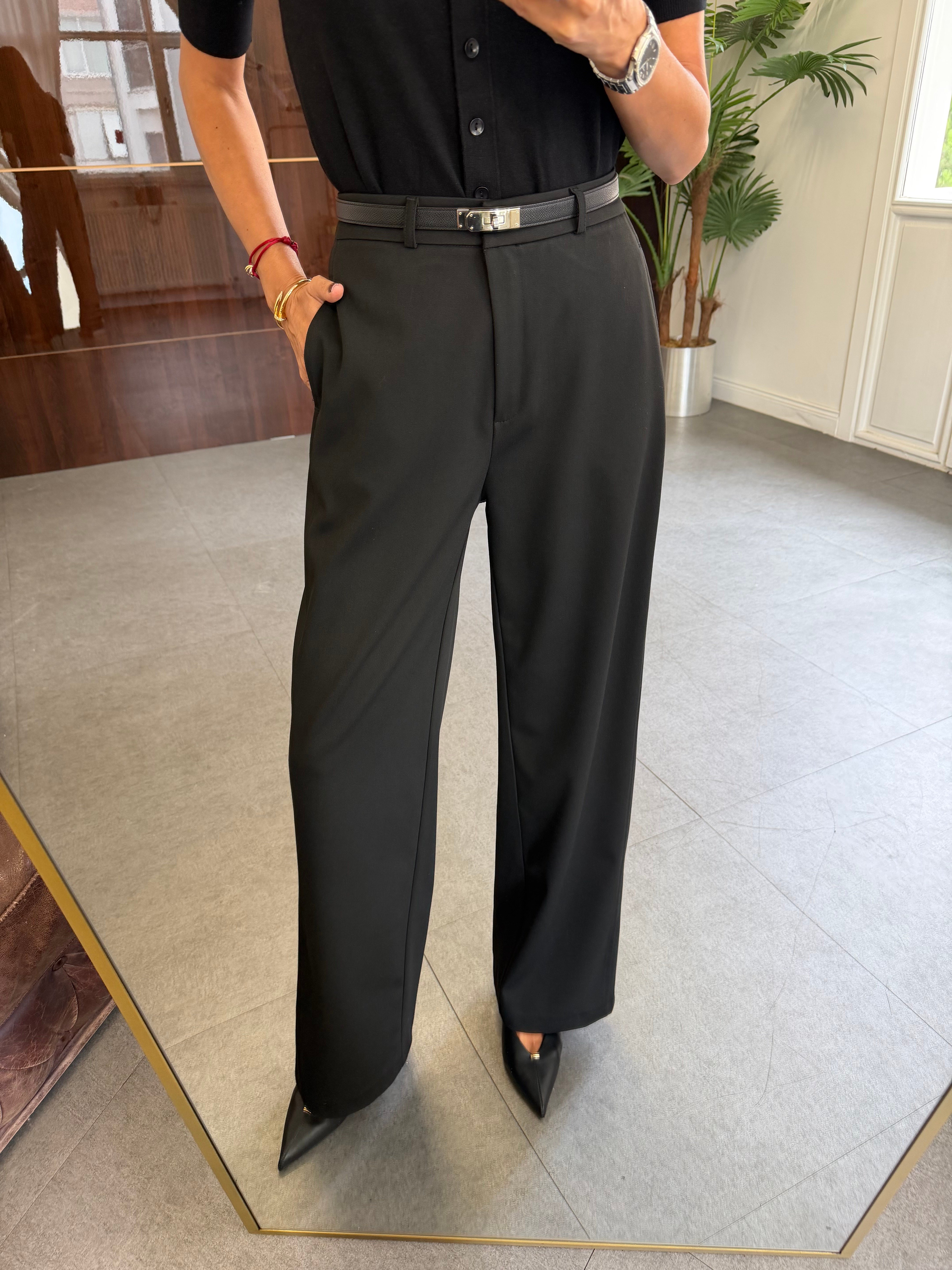 Siyah Kancalı Wide Leg Kumaş Pantolon