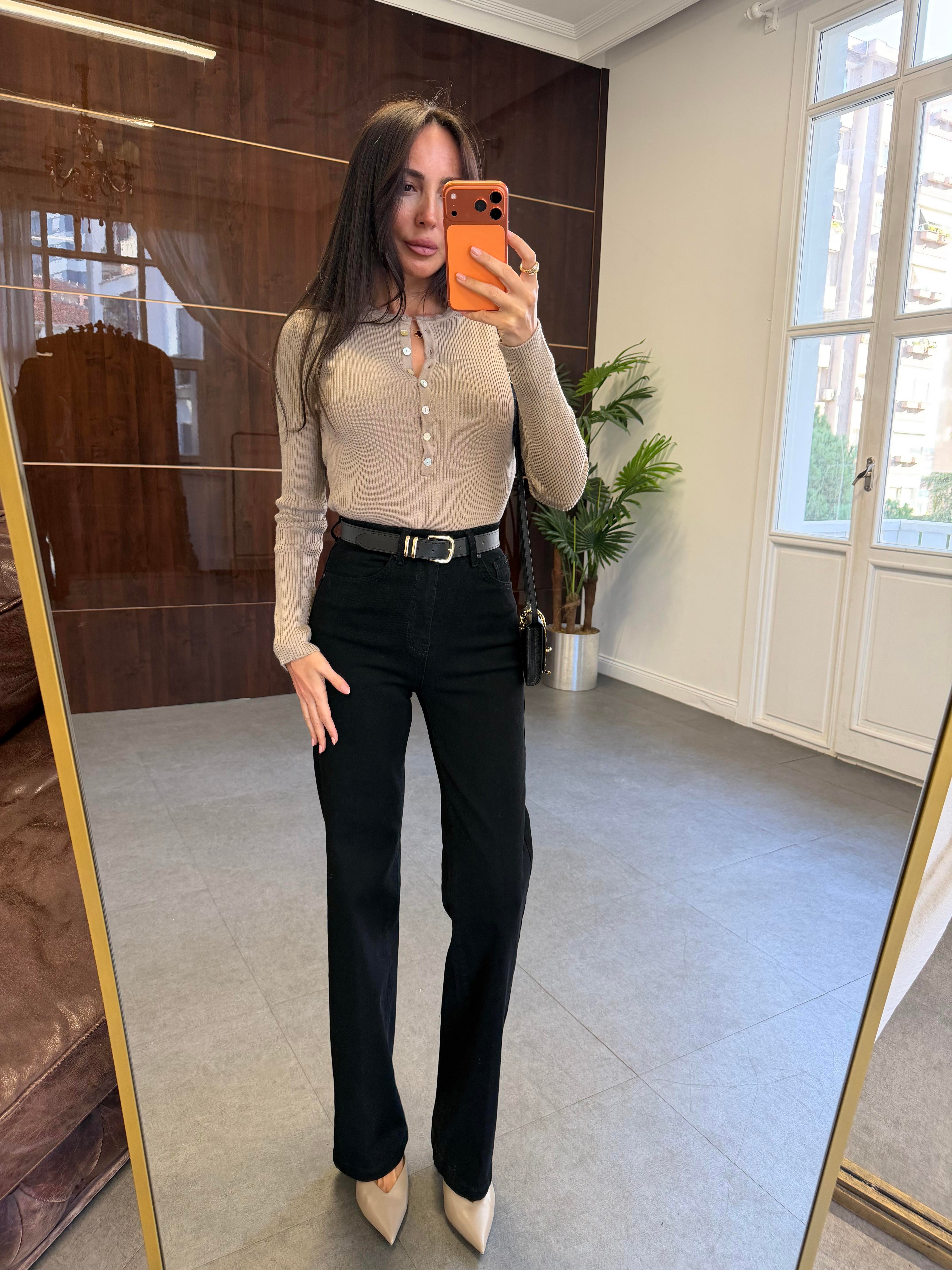 Siyah Kemerli Wide-Leg Jean Pantolon