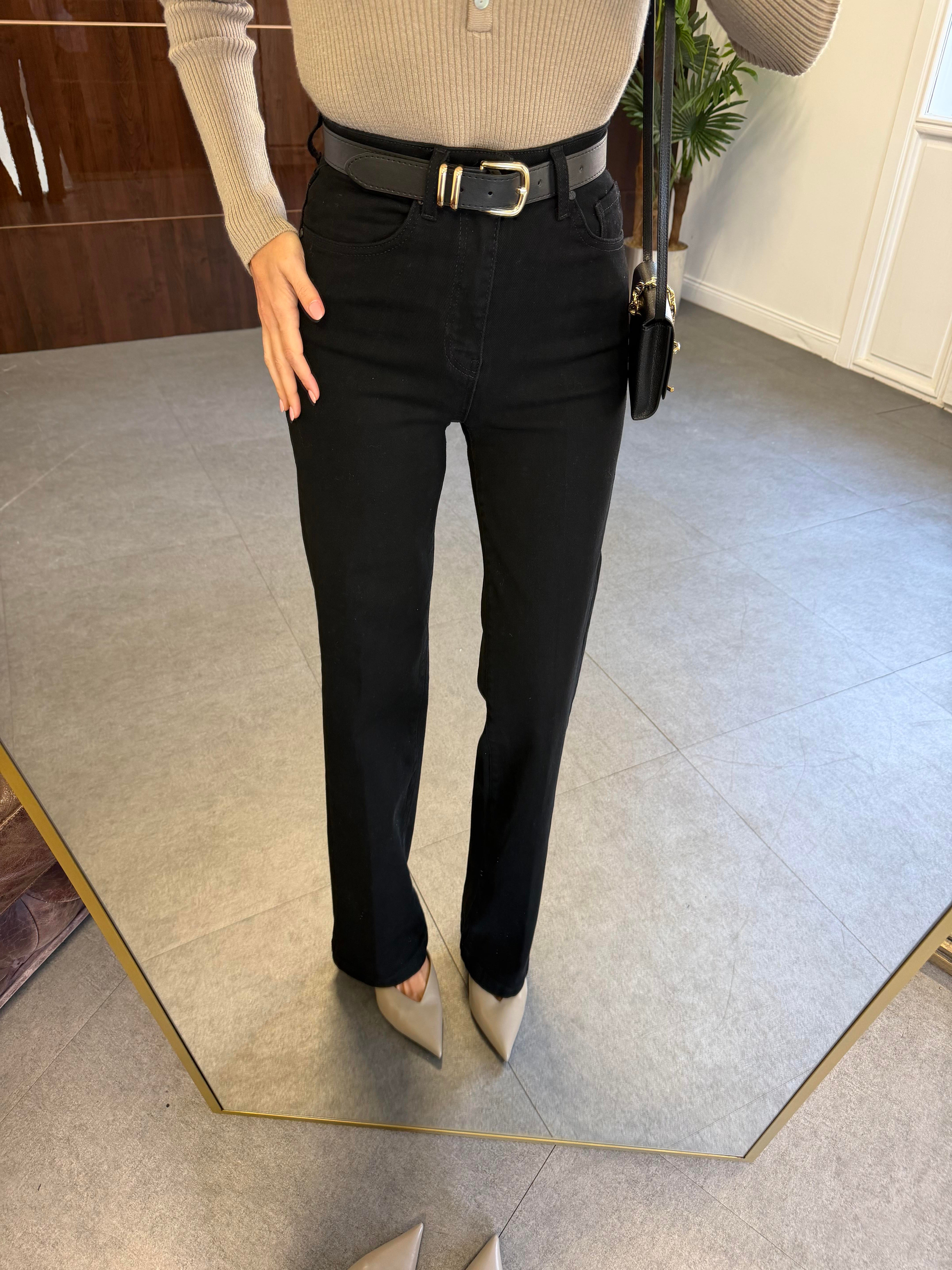 Siyah Kemerli Wide-Leg Jean Pantolon