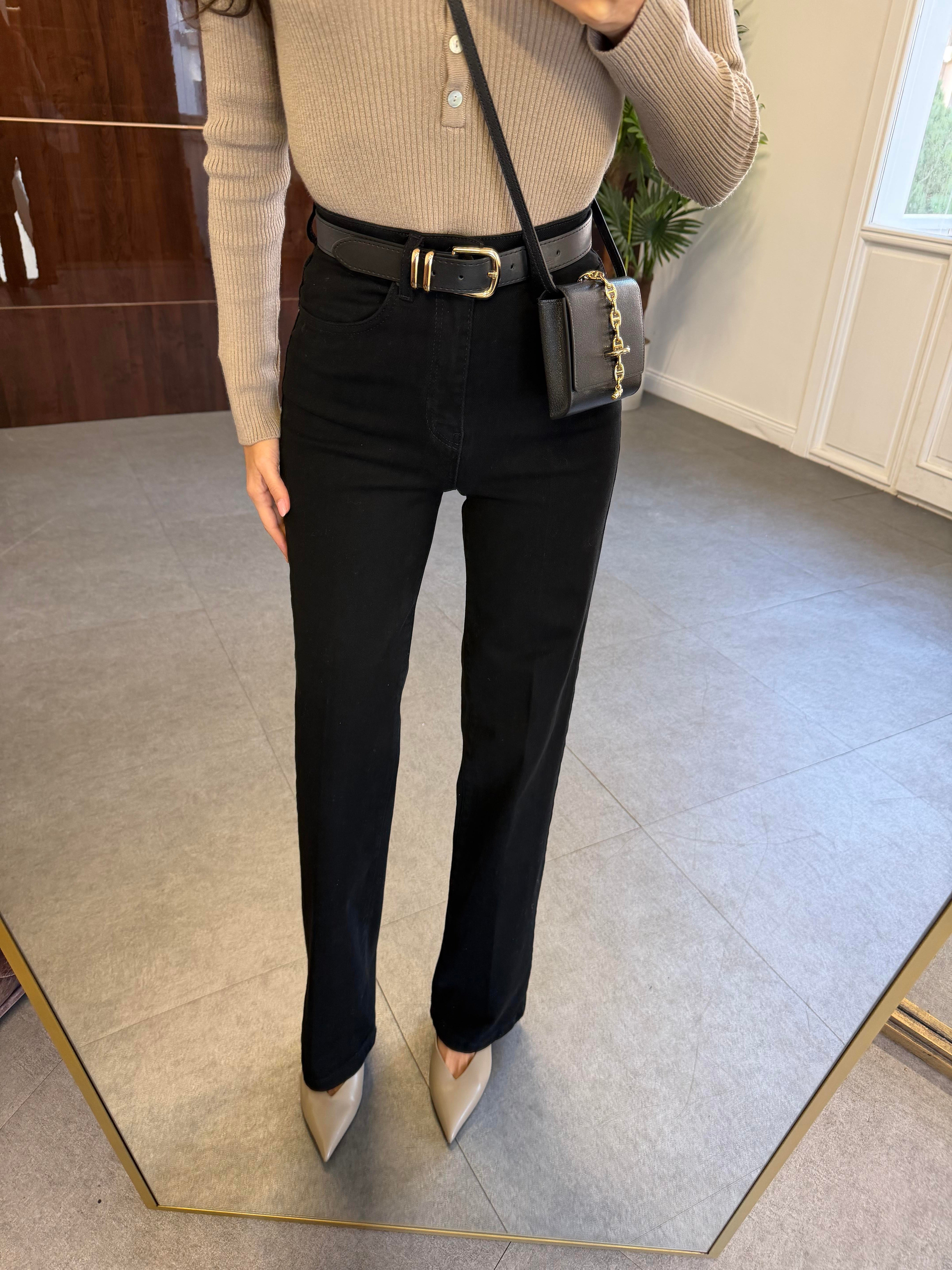 Siyah Kemerli Wide-Leg Jean Pantolon