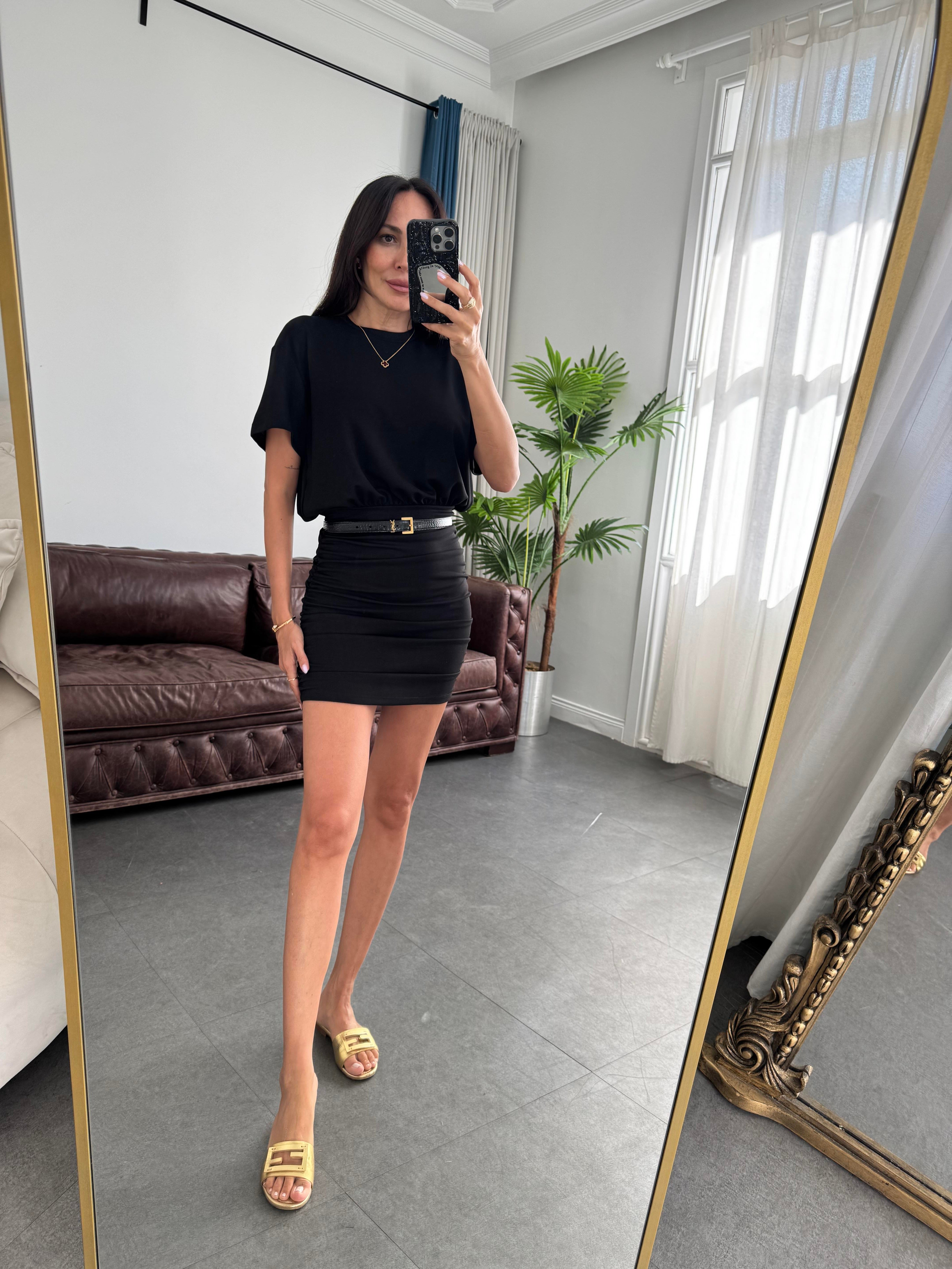 Siyah Kısa Kollu Drapeli Cotton Elbise