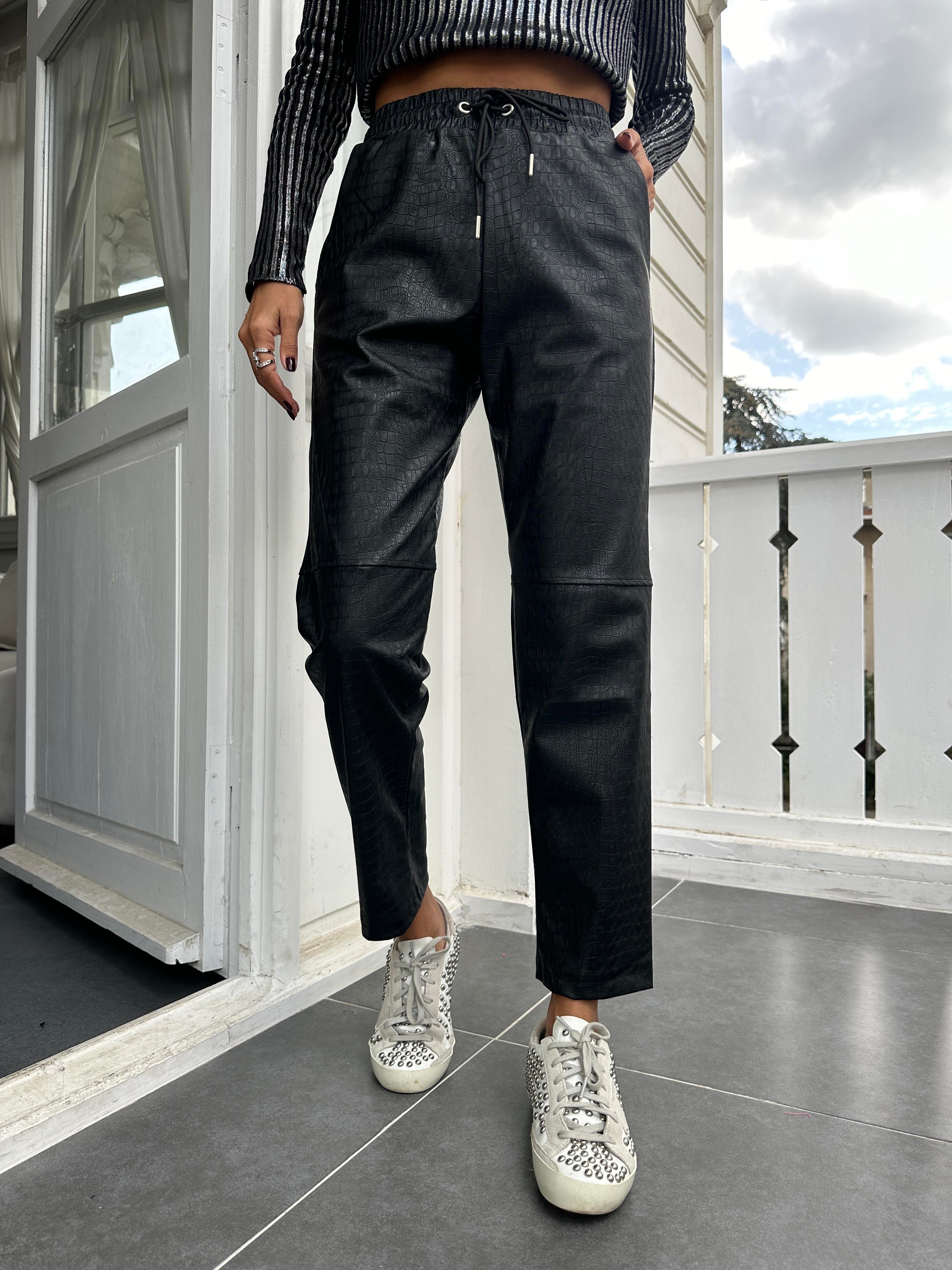 Siyah Krokodil Çimalı Deri Pantolon