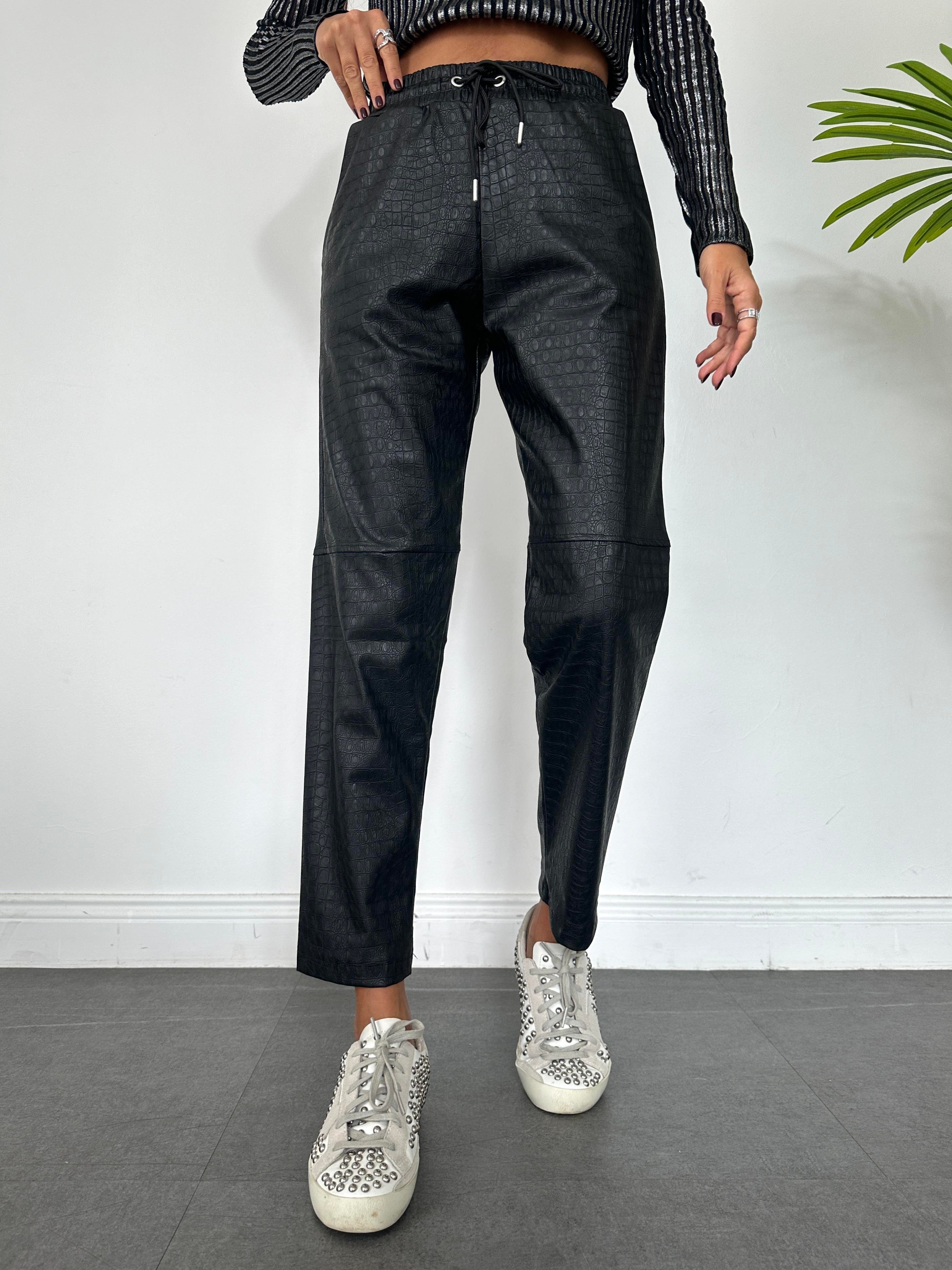 Siyah Krokodil Çimalı Deri Pantolon