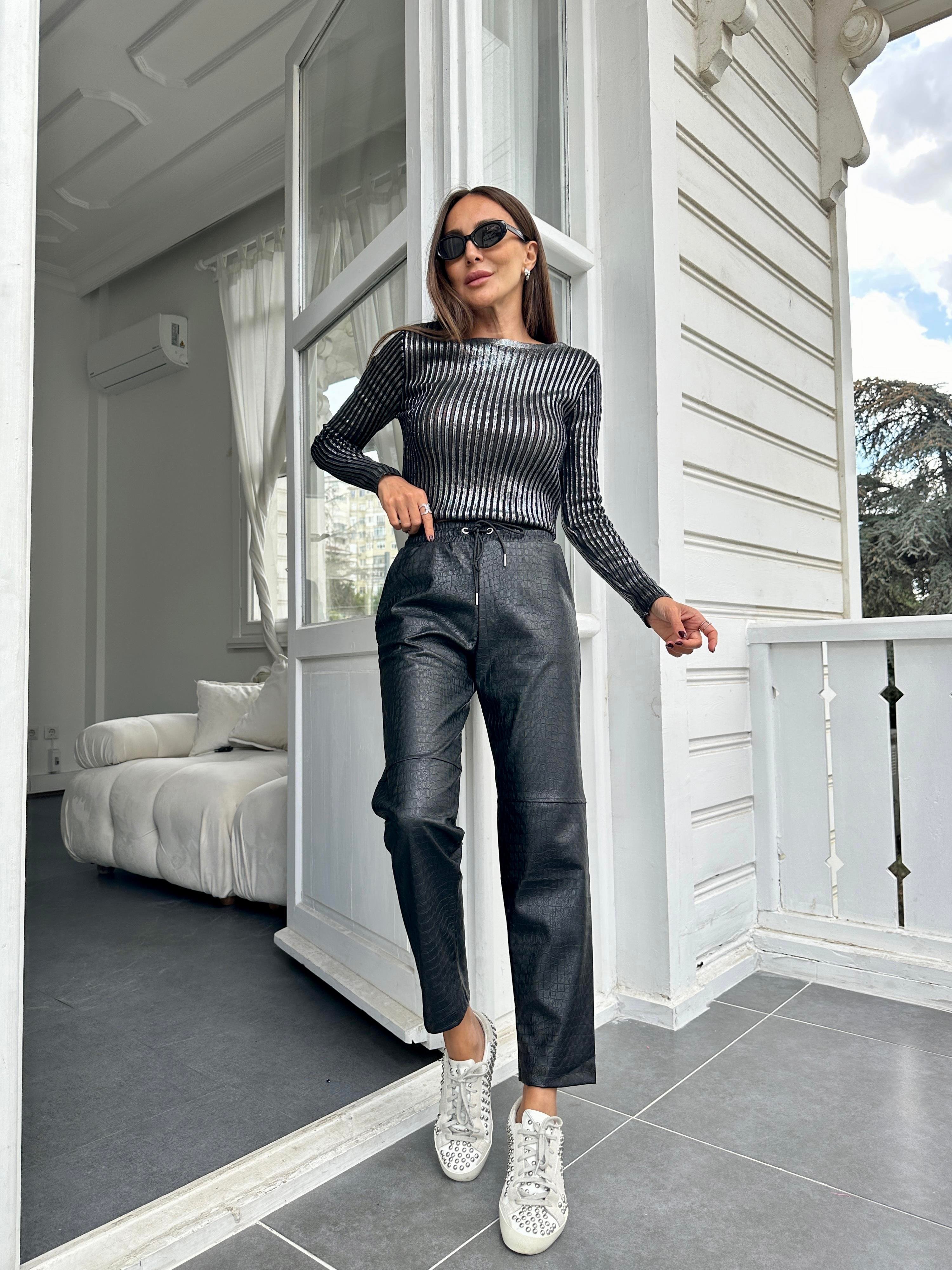 Siyah Krokodil Çimalı Deri Pantolon
