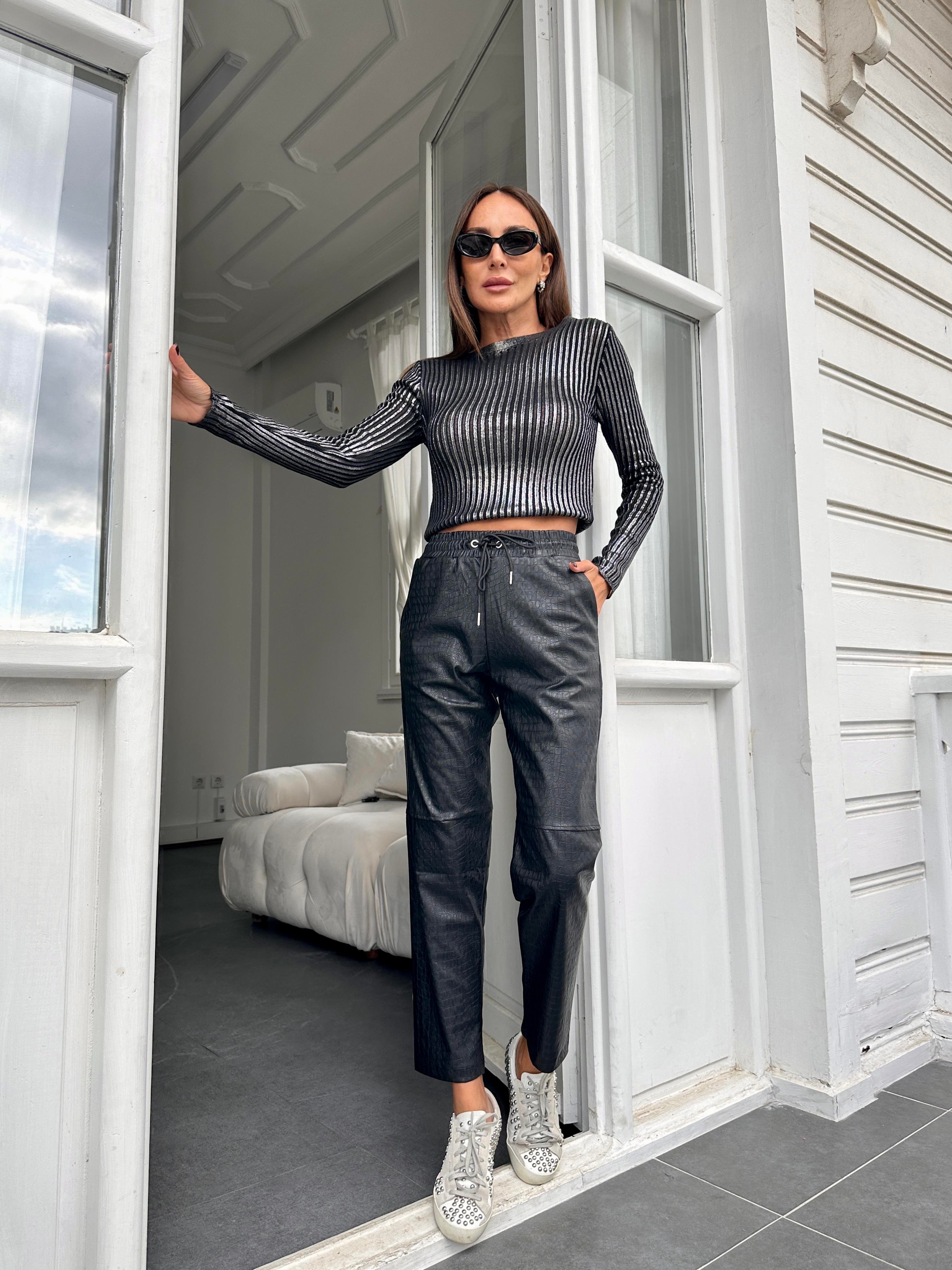 Siyah Krokodil Çimalı Deri Pantolon