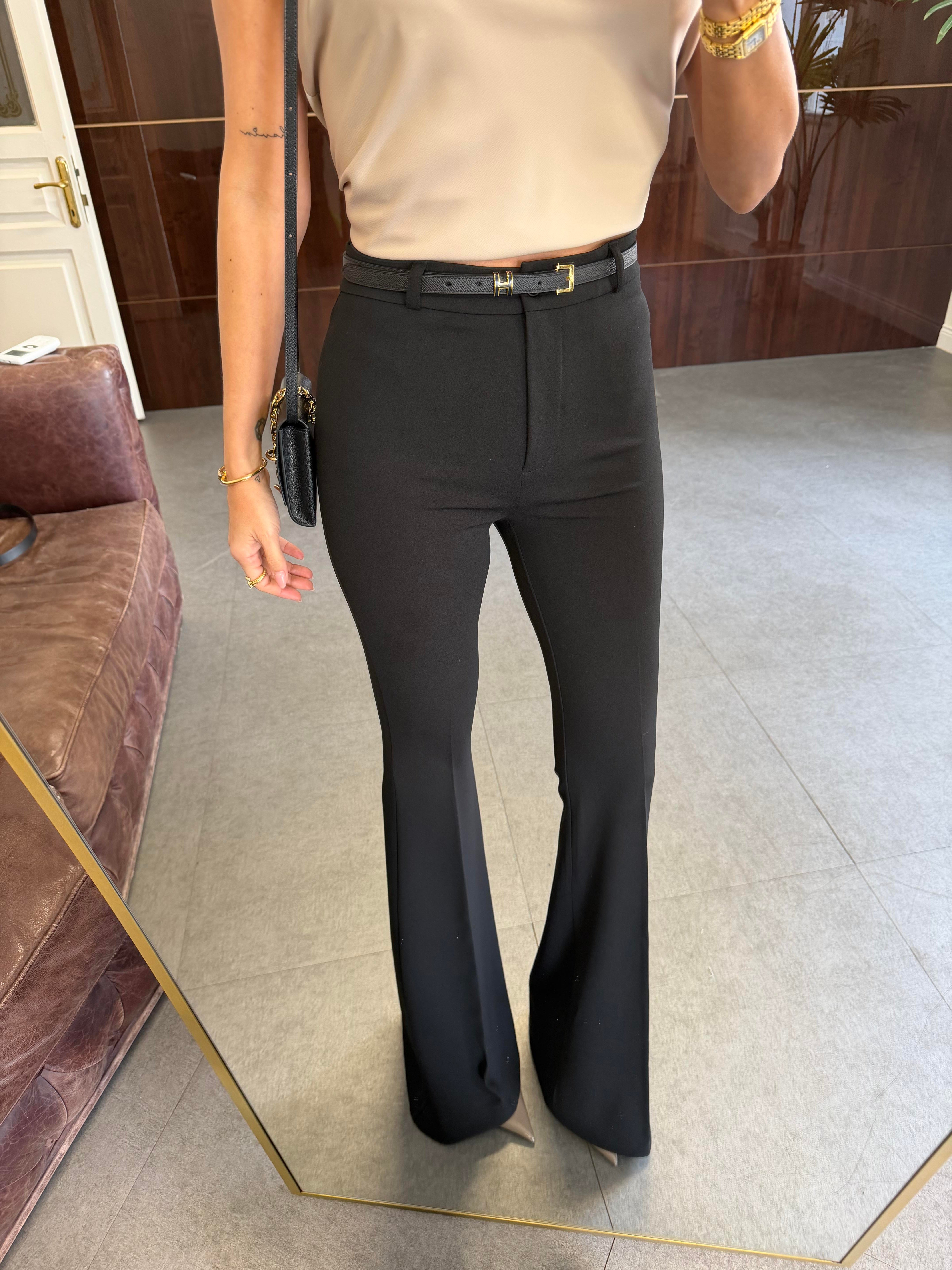 Siyah Likralı İspanyol Paça Kumaş Pantolon