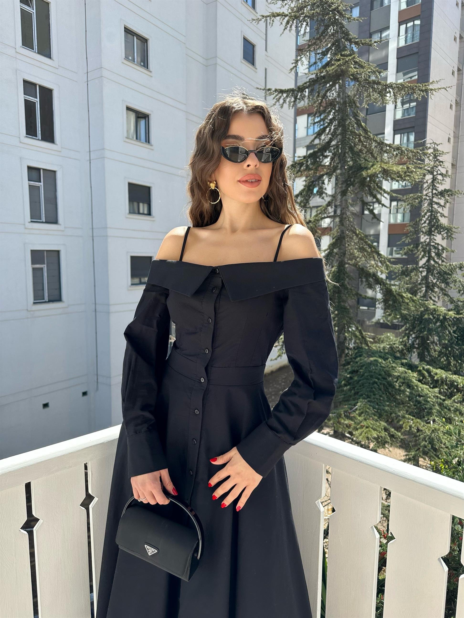 Siyah Madonna Yaka Gömlek Elbise