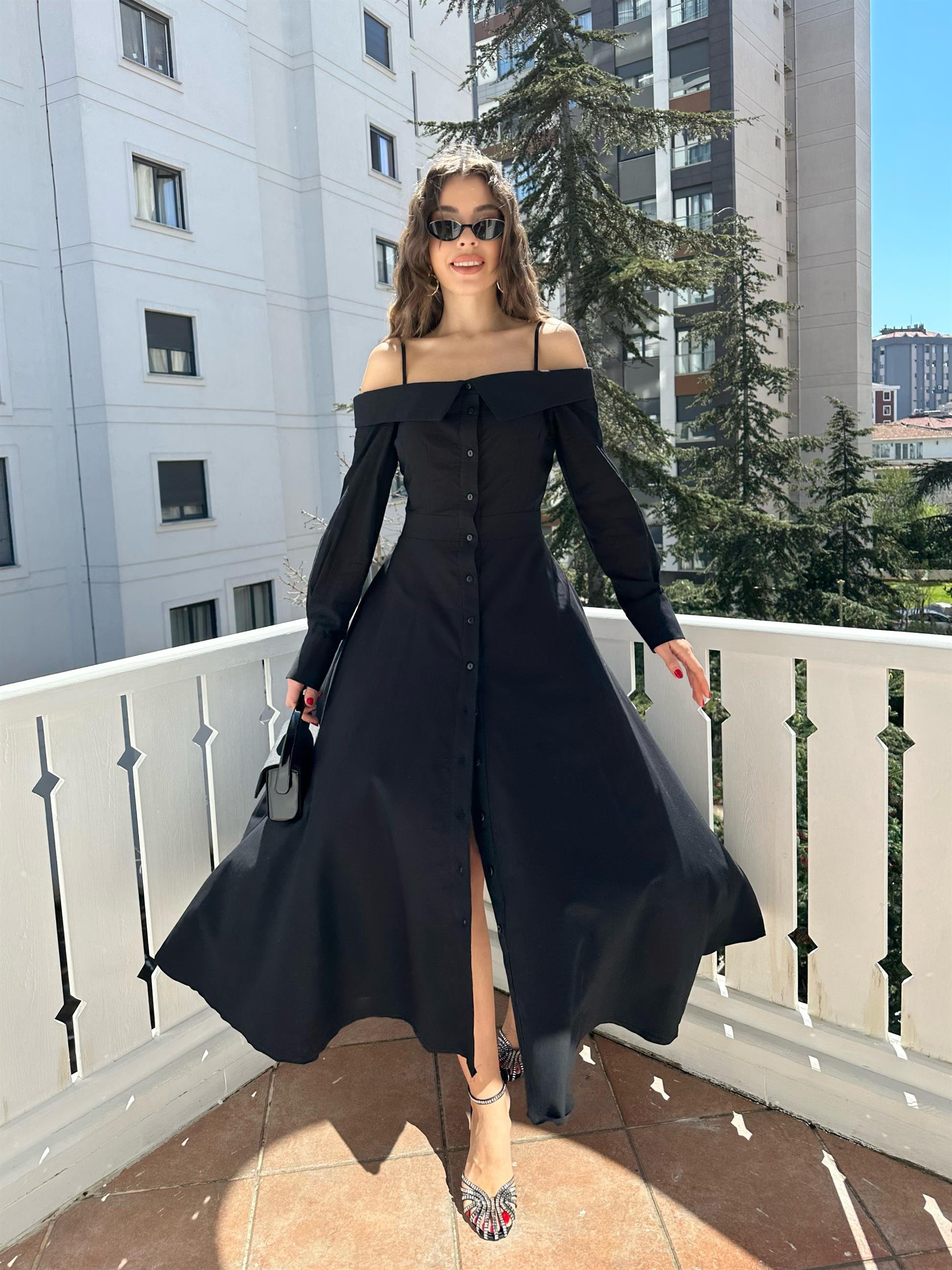 Siyah Madonna Yaka Gömlek Elbise