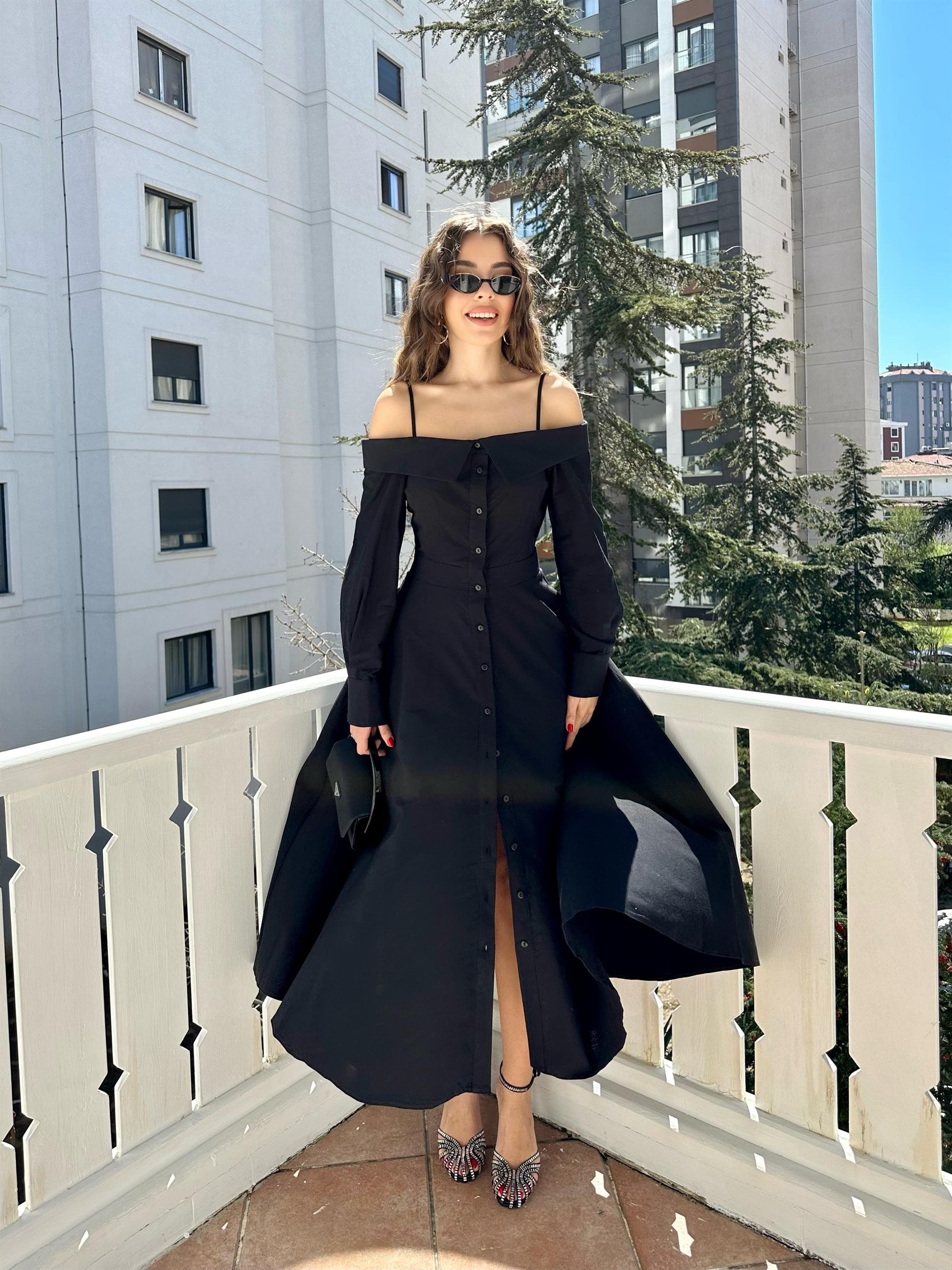 Siyah Madonna Yaka Gömlek Elbise