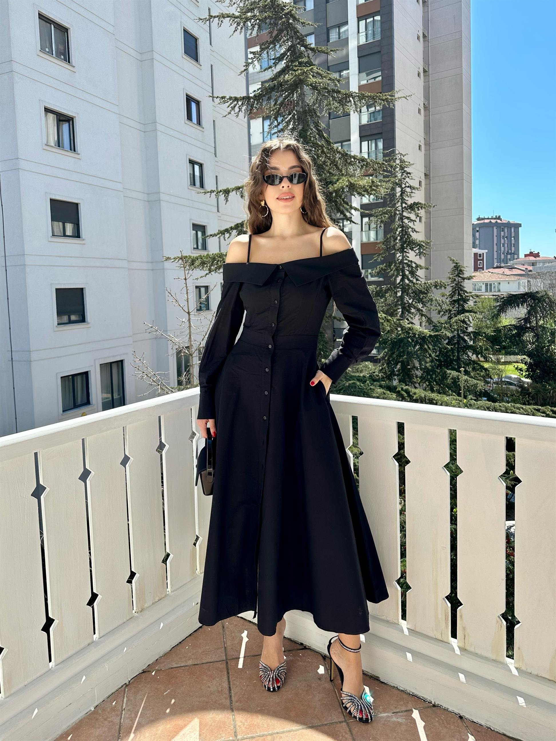 Siyah Madonna Yaka Gömlek Elbise
