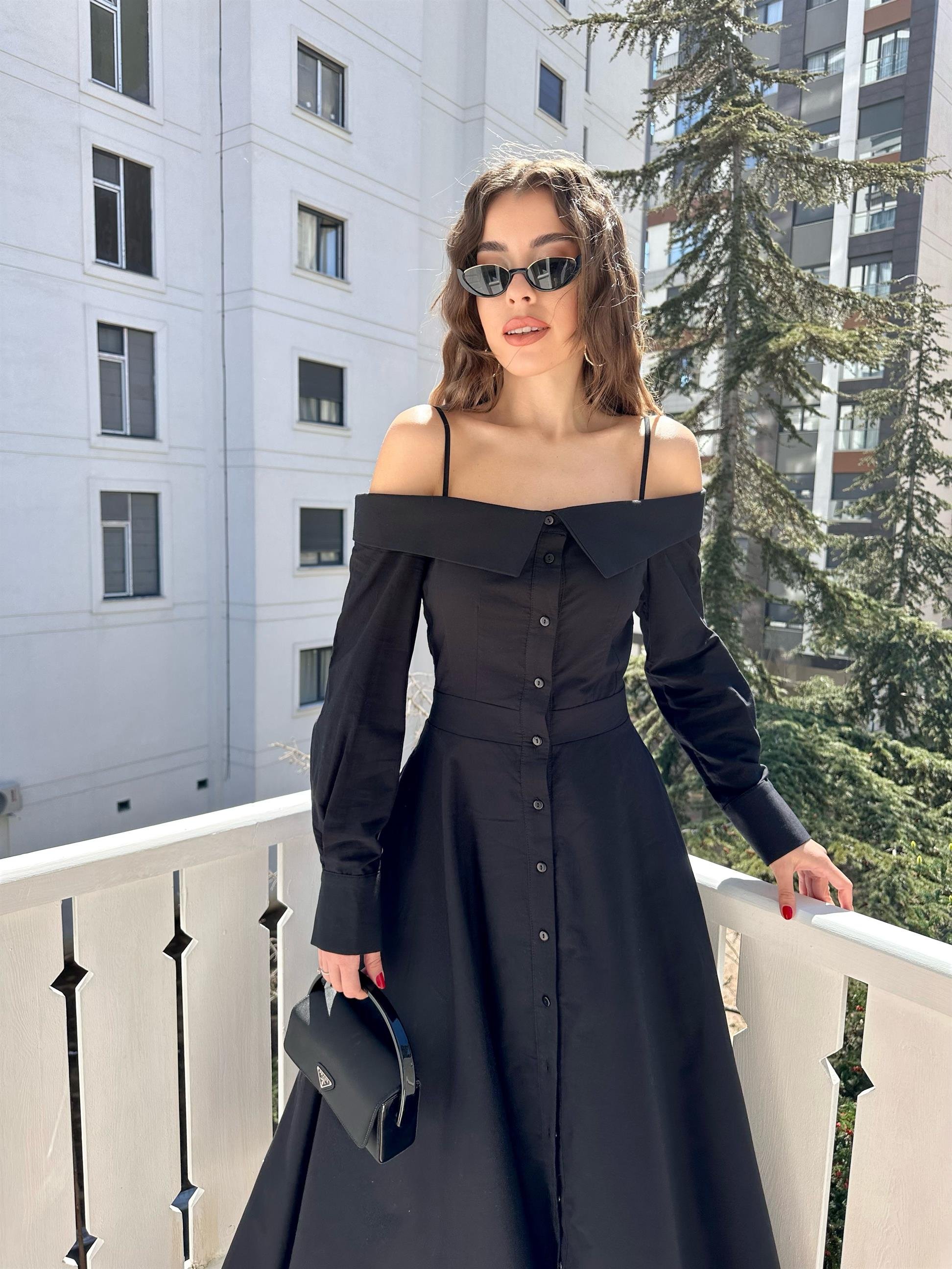 Siyah Madonna Yaka Gömlek Elbise