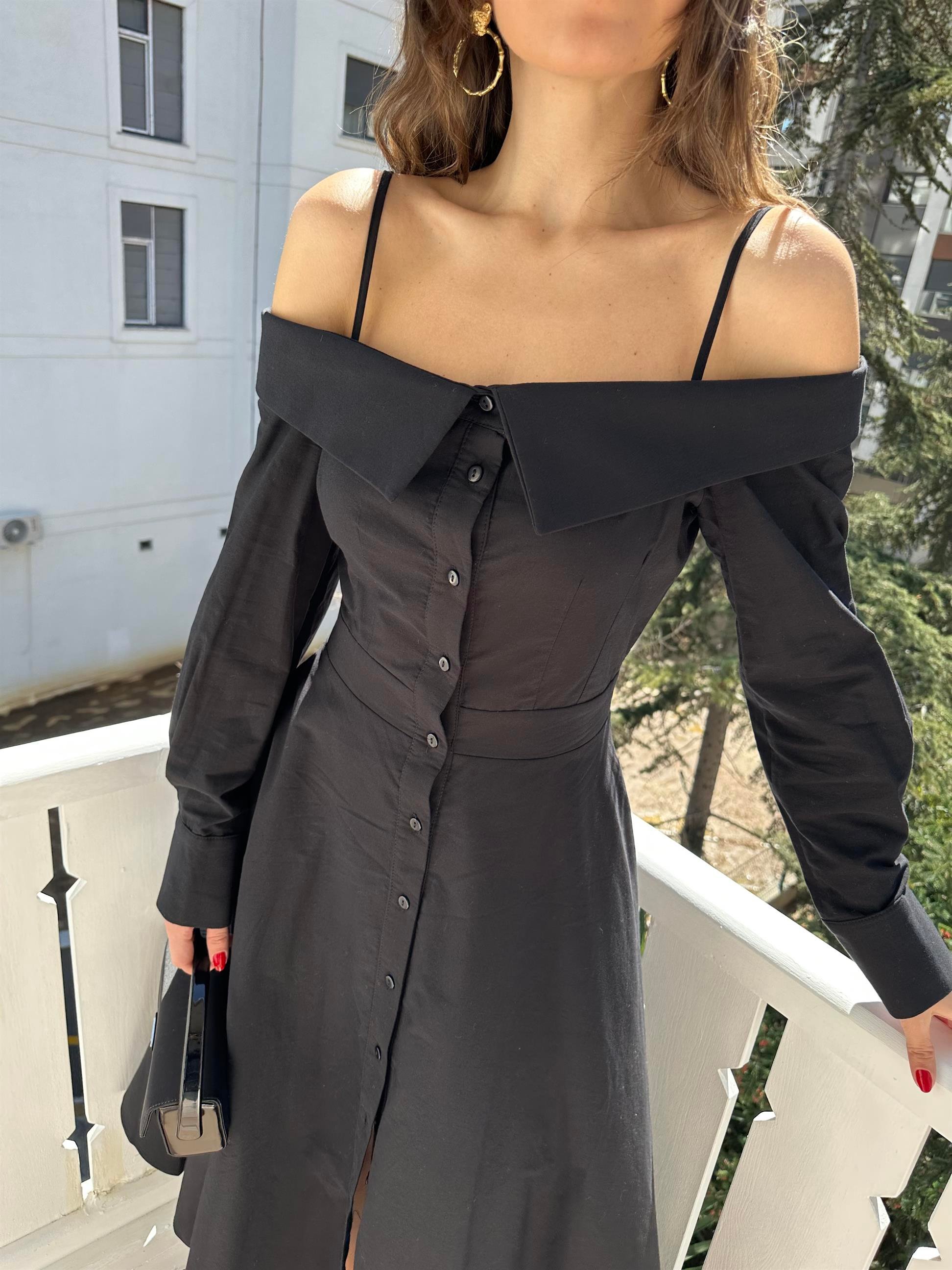 Siyah Madonna Yaka Gömlek Elbise