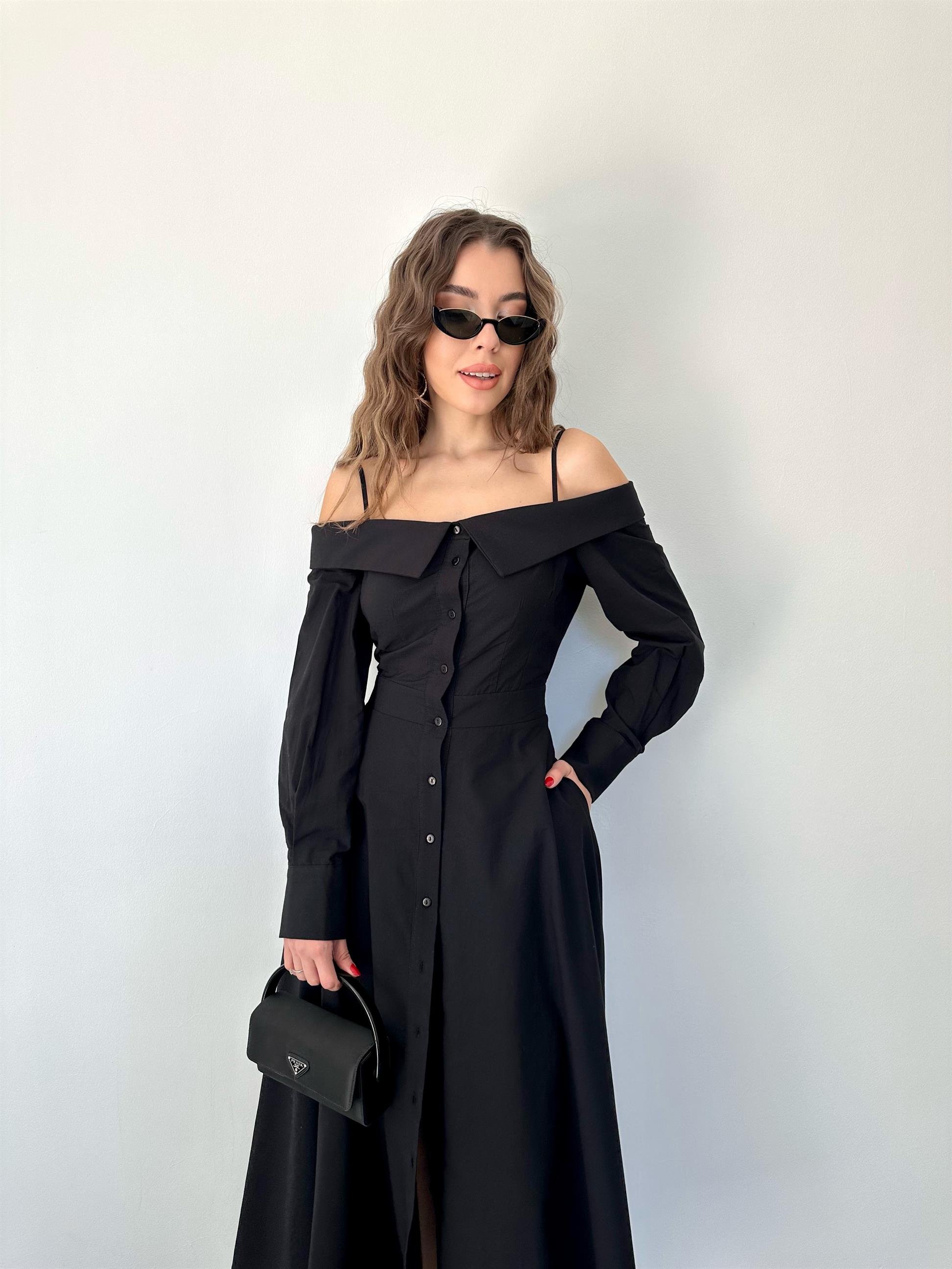 Siyah Madonna Yaka Gömlek Elbise