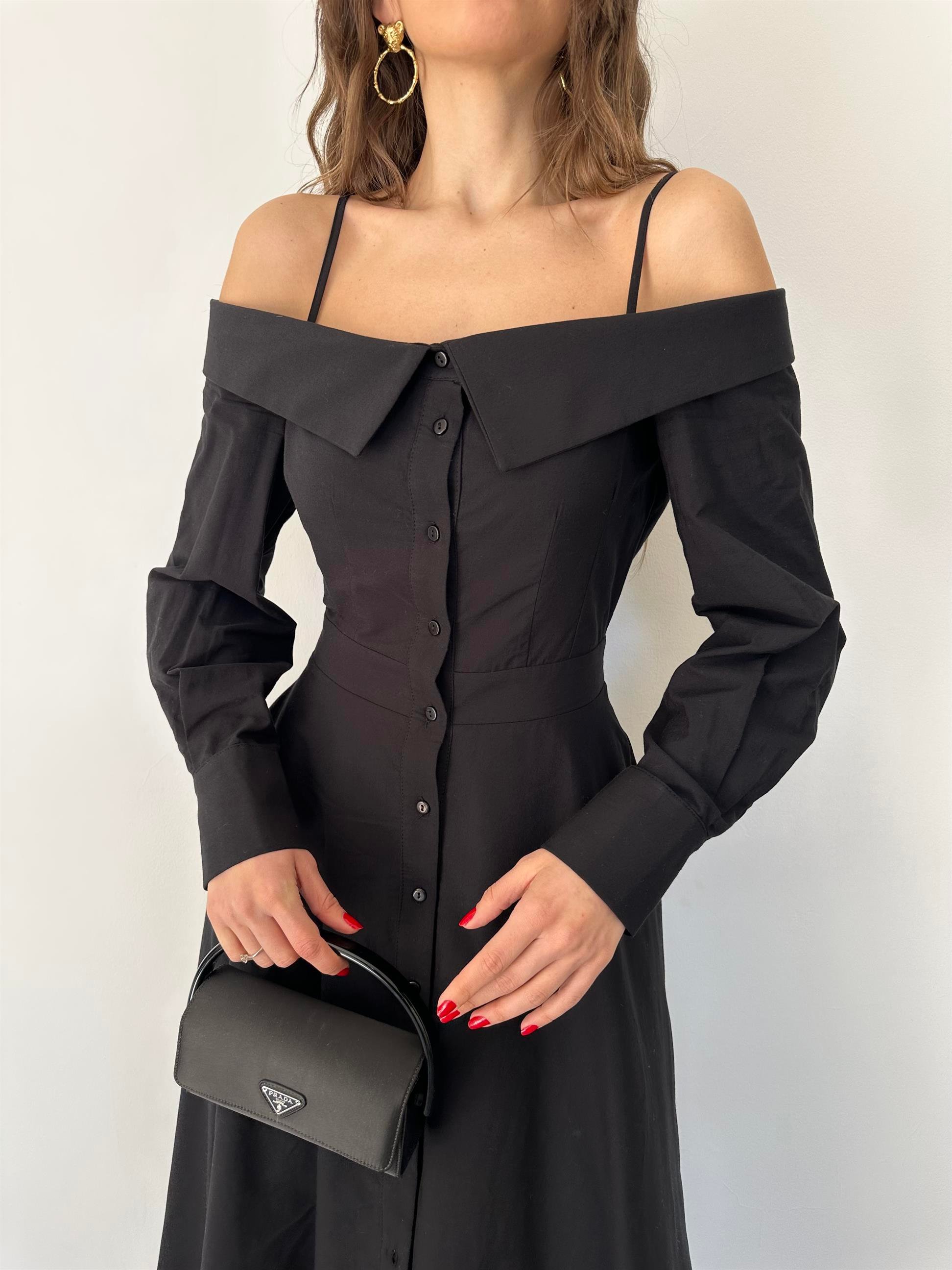 Siyah Madonna Yaka Gömlek Elbise