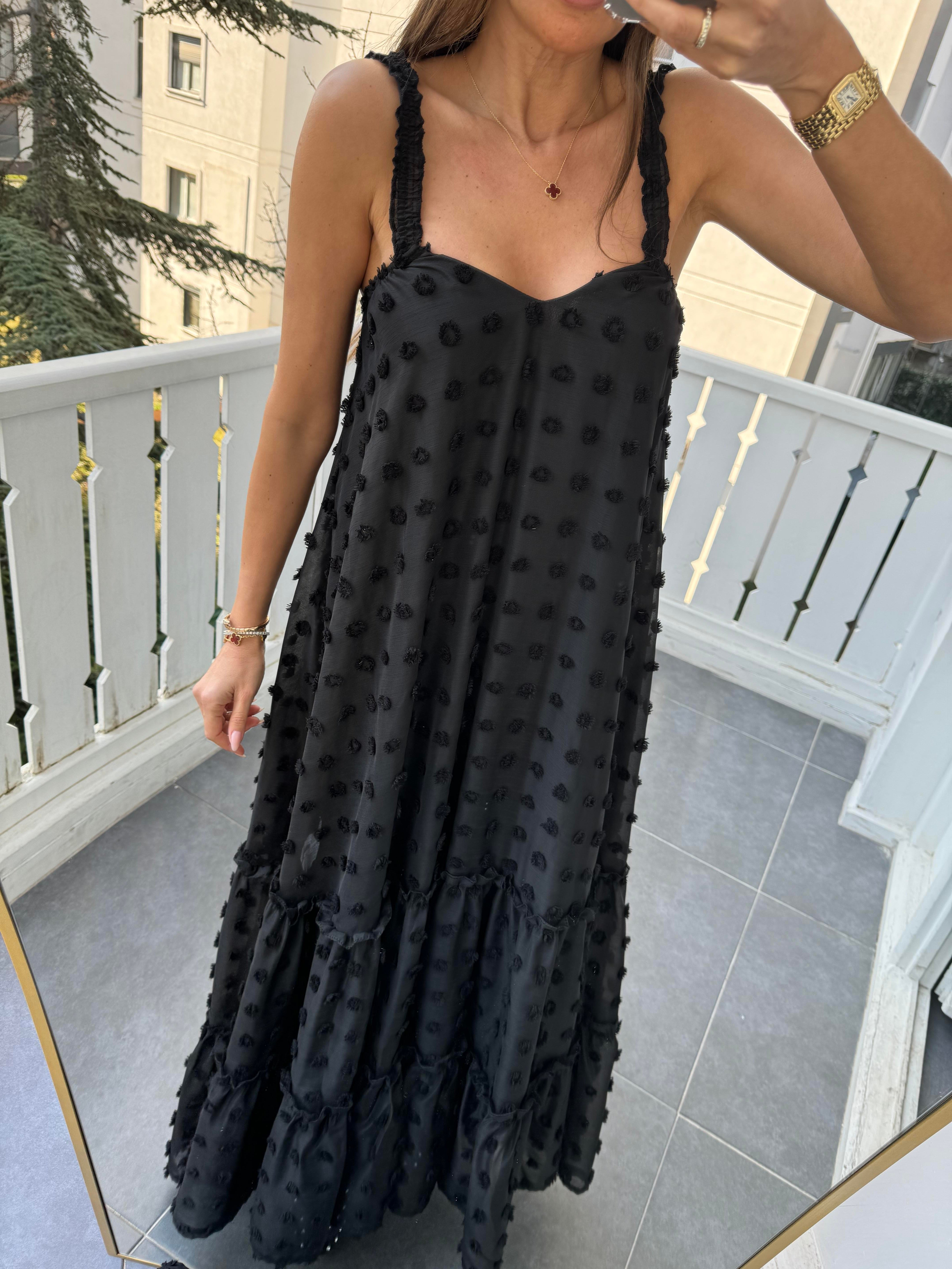 Siyah Mini Ponpon Elbise