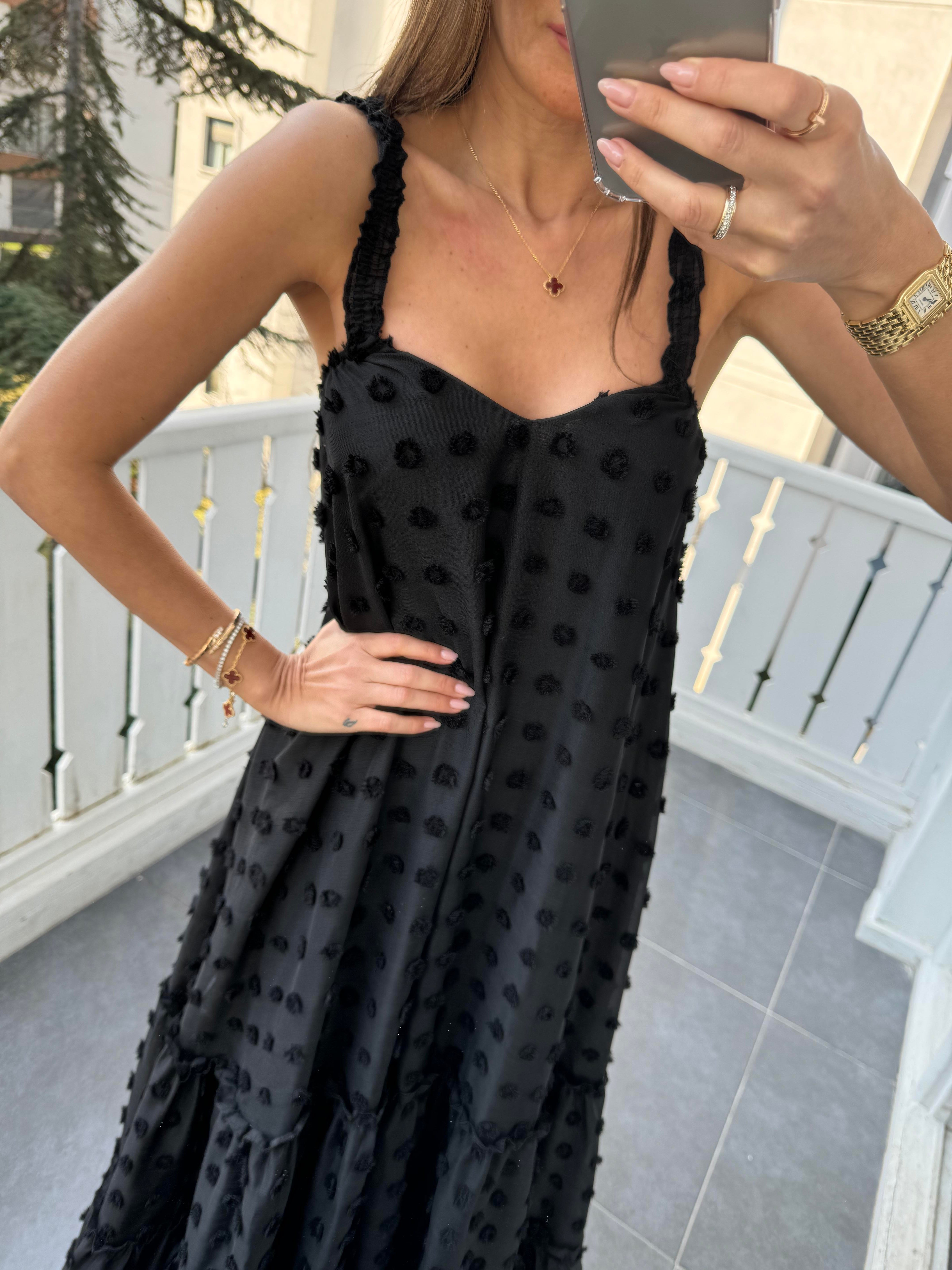 Siyah Mini Ponpon Elbise