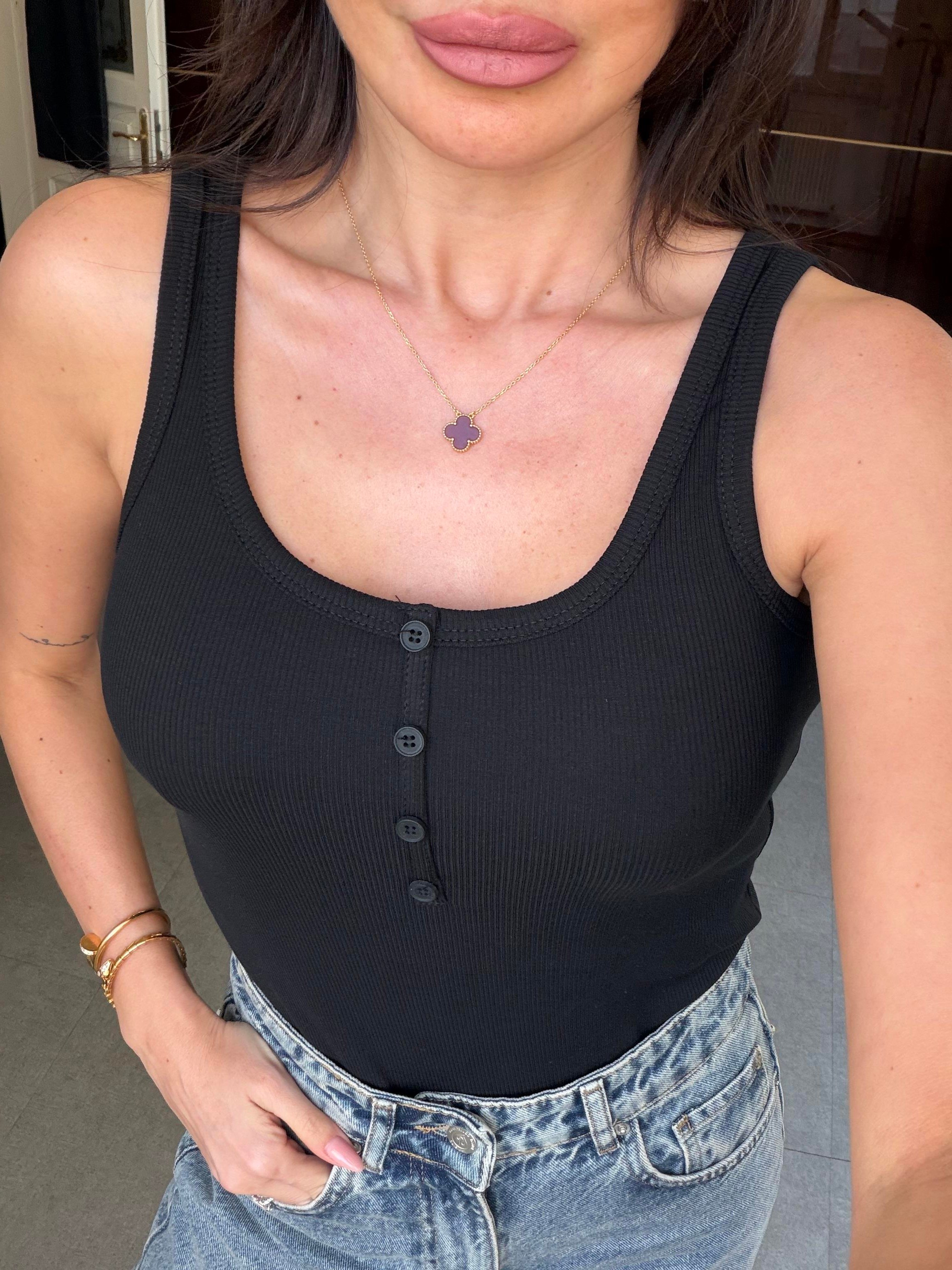 Siyah Önden Düğmeli Atlet Bluz