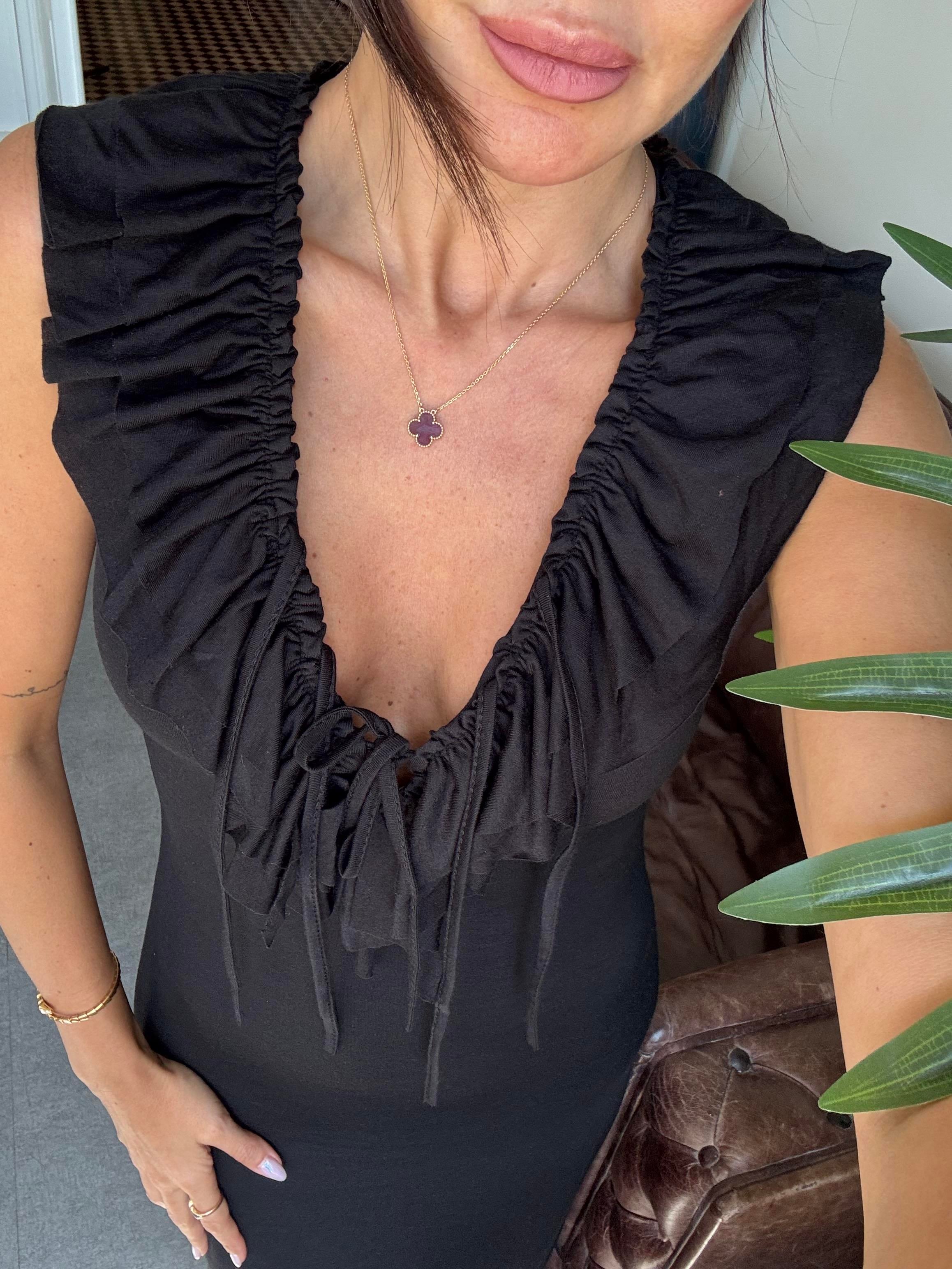 Siyah Önden Fıfırlı Uzun Elbise