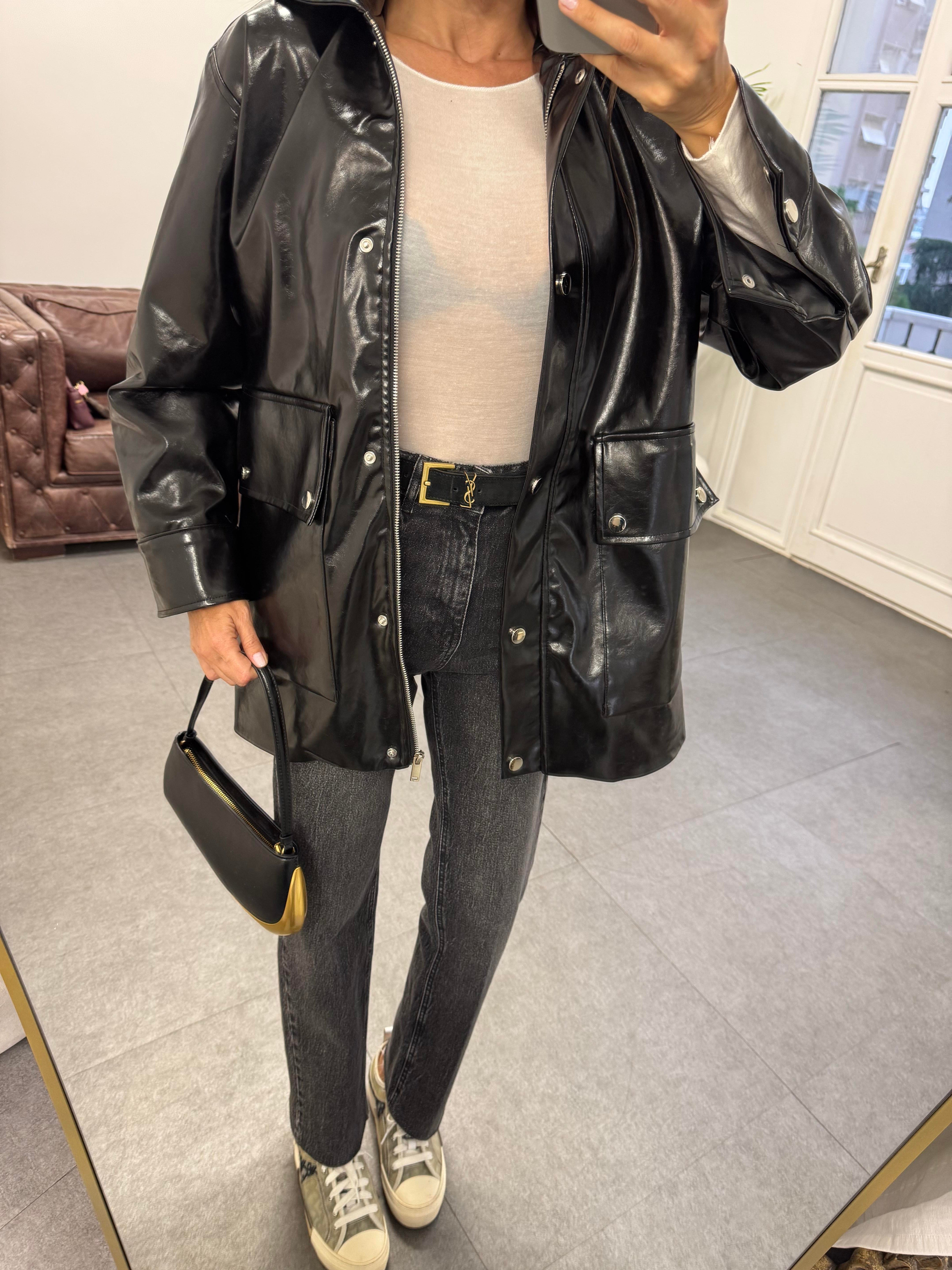 Siyah Parlak 2 Cepli Deri Ceket