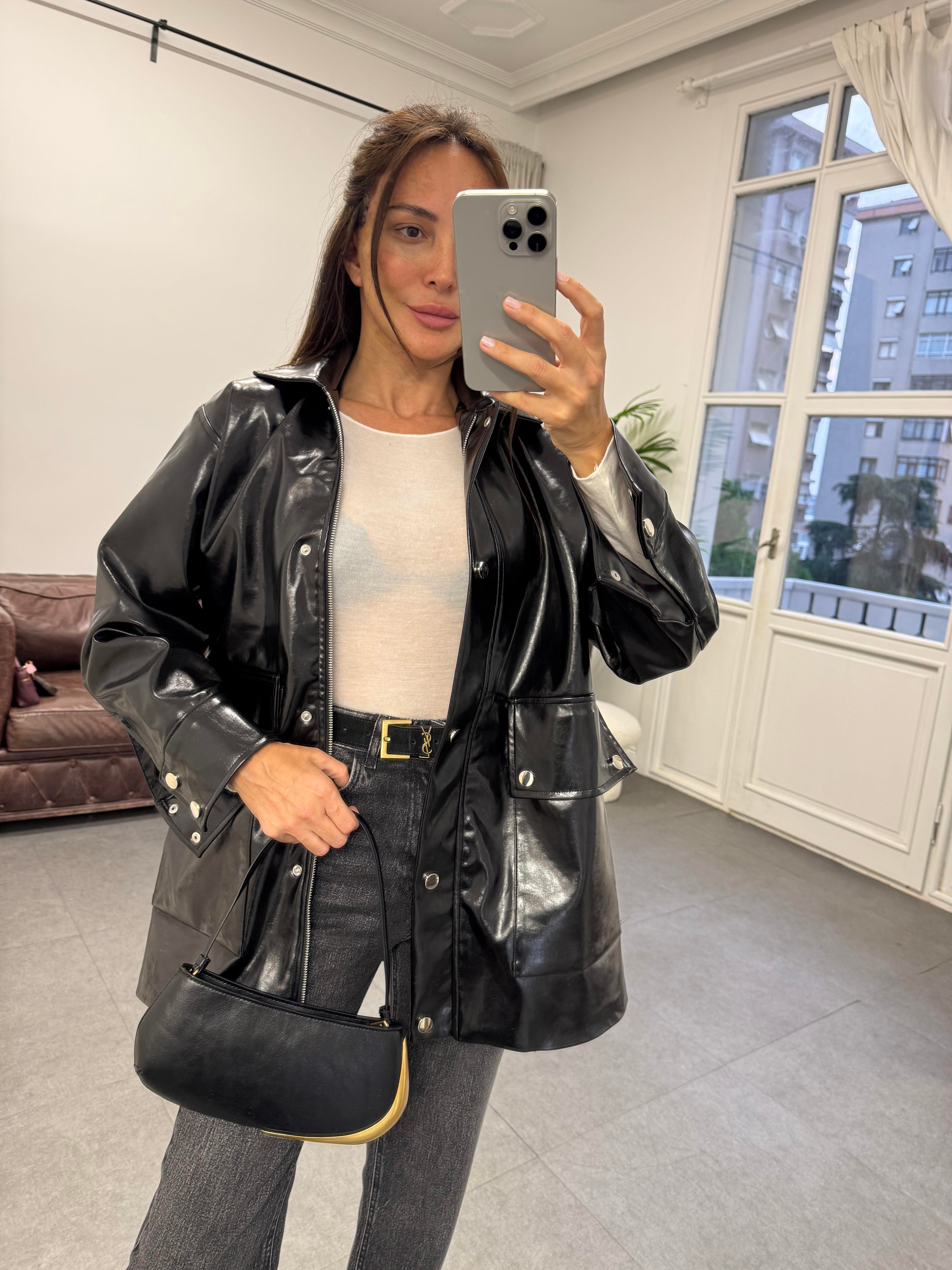 Siyah Parlak 2 Cepli Deri Ceket