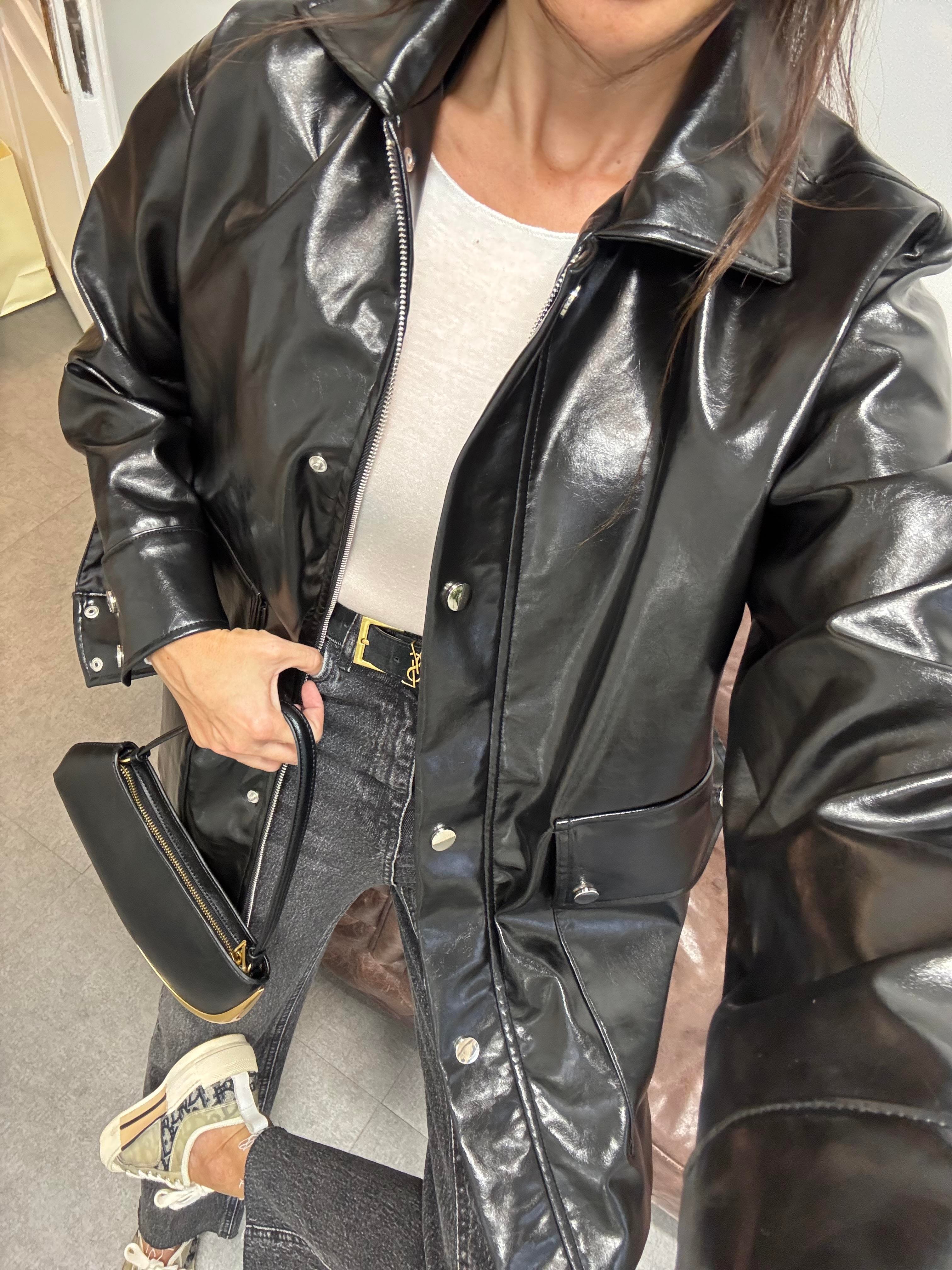 Siyah Parlak 2 Cepli Deri Ceket