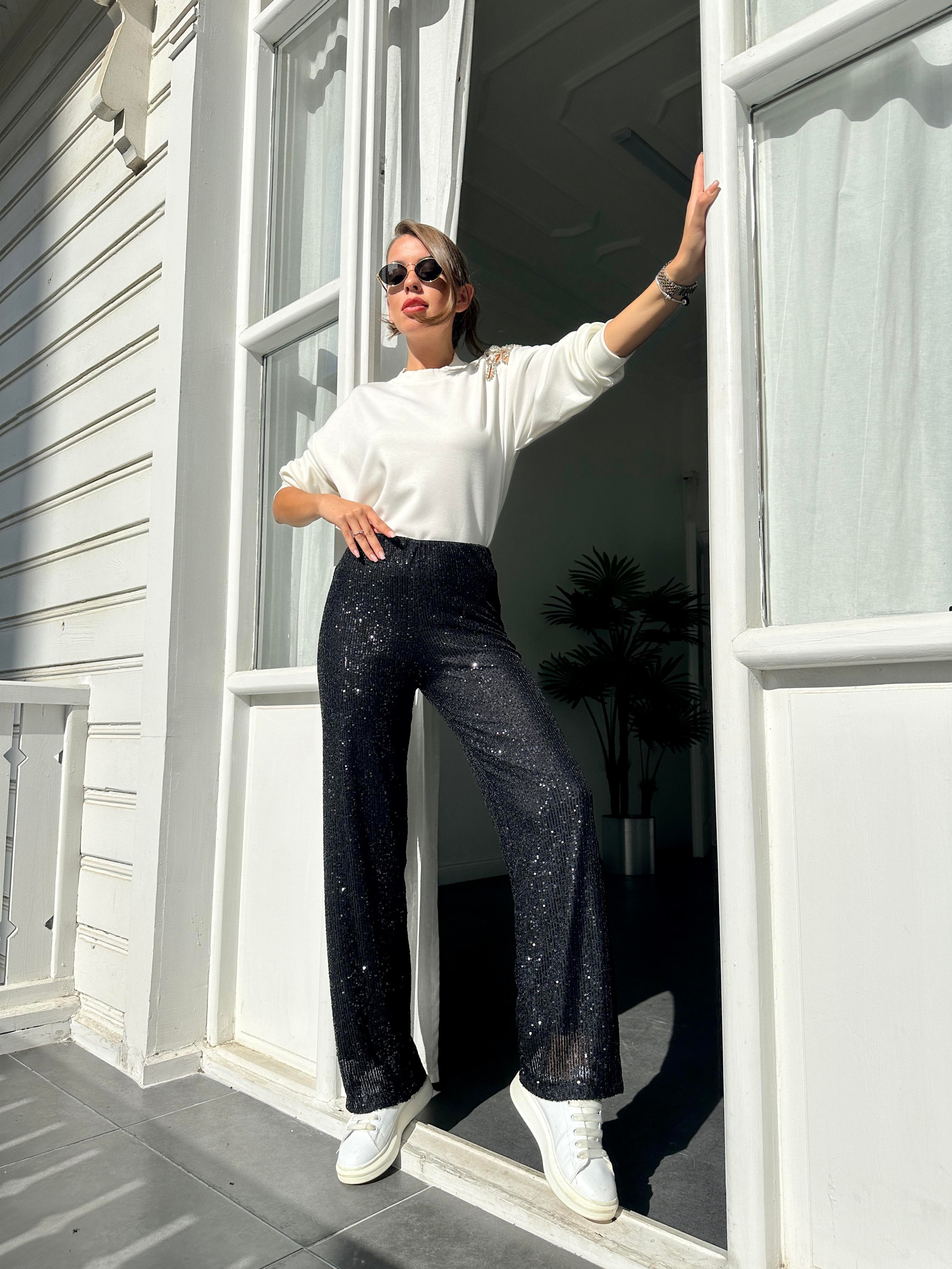 Siyah Payetli Bol Paça Pantolon