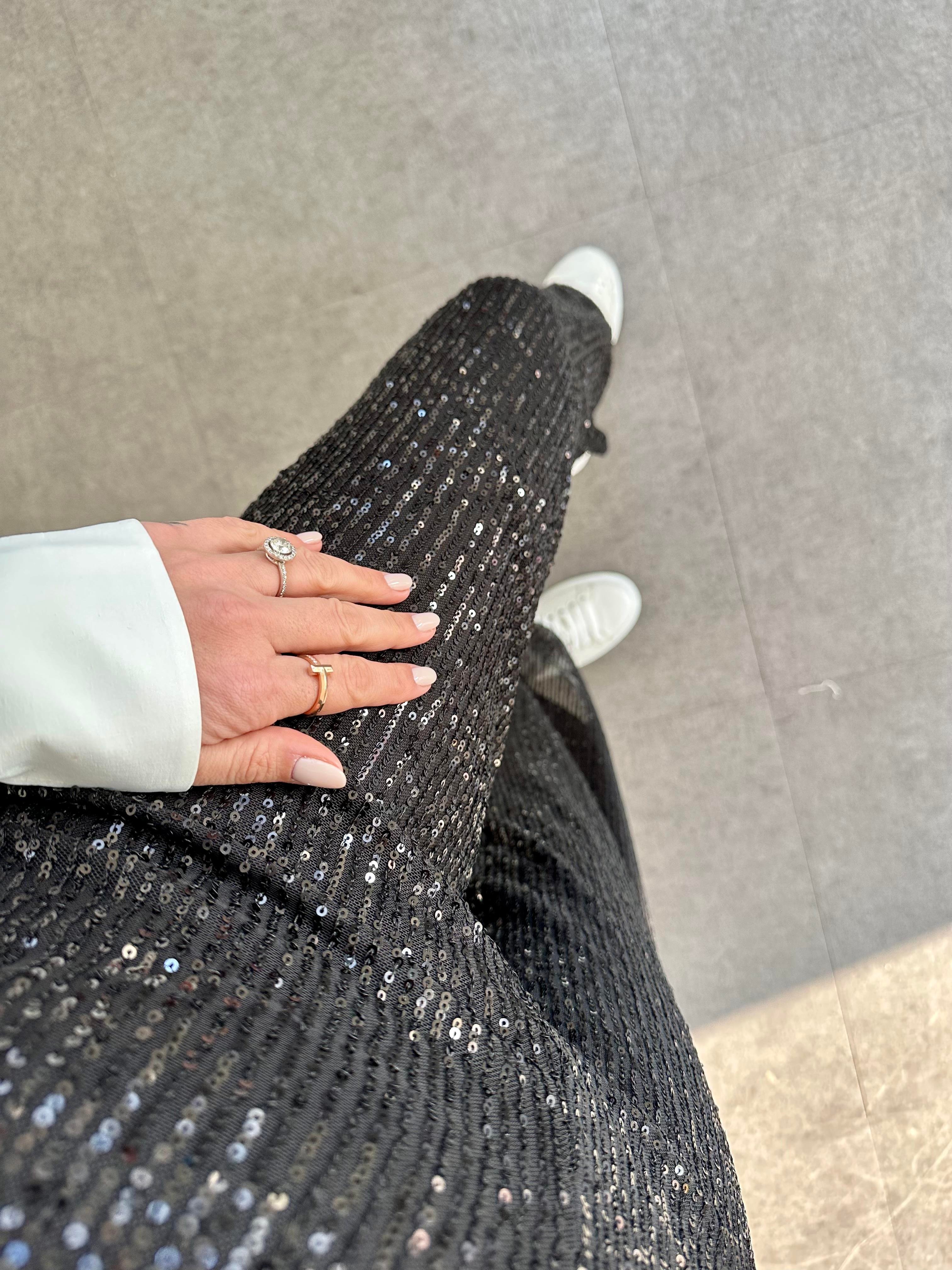 Siyah Payetli Bol Paça Pantolon