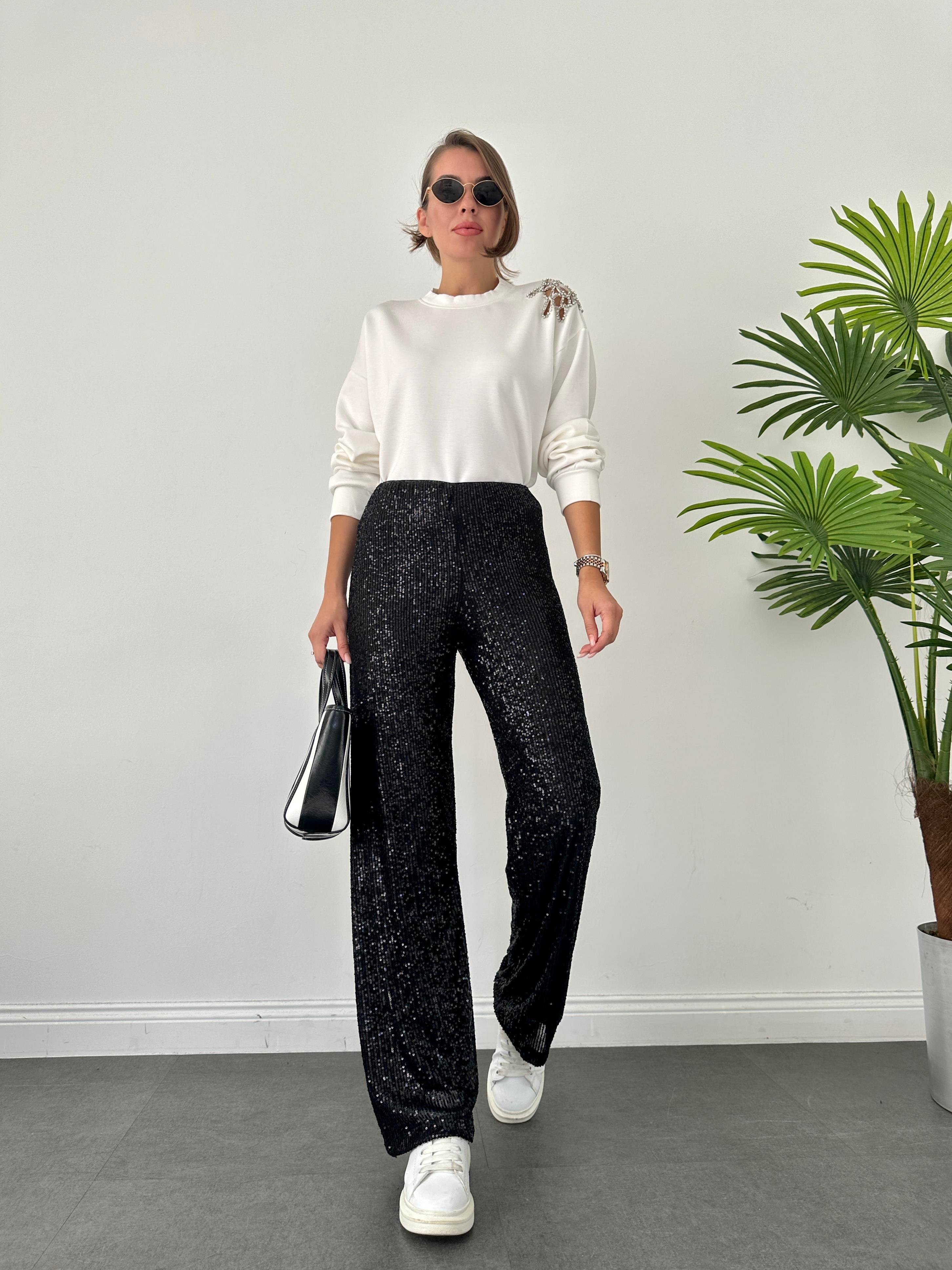 Siyah Payetli Bol Paça Pantolon