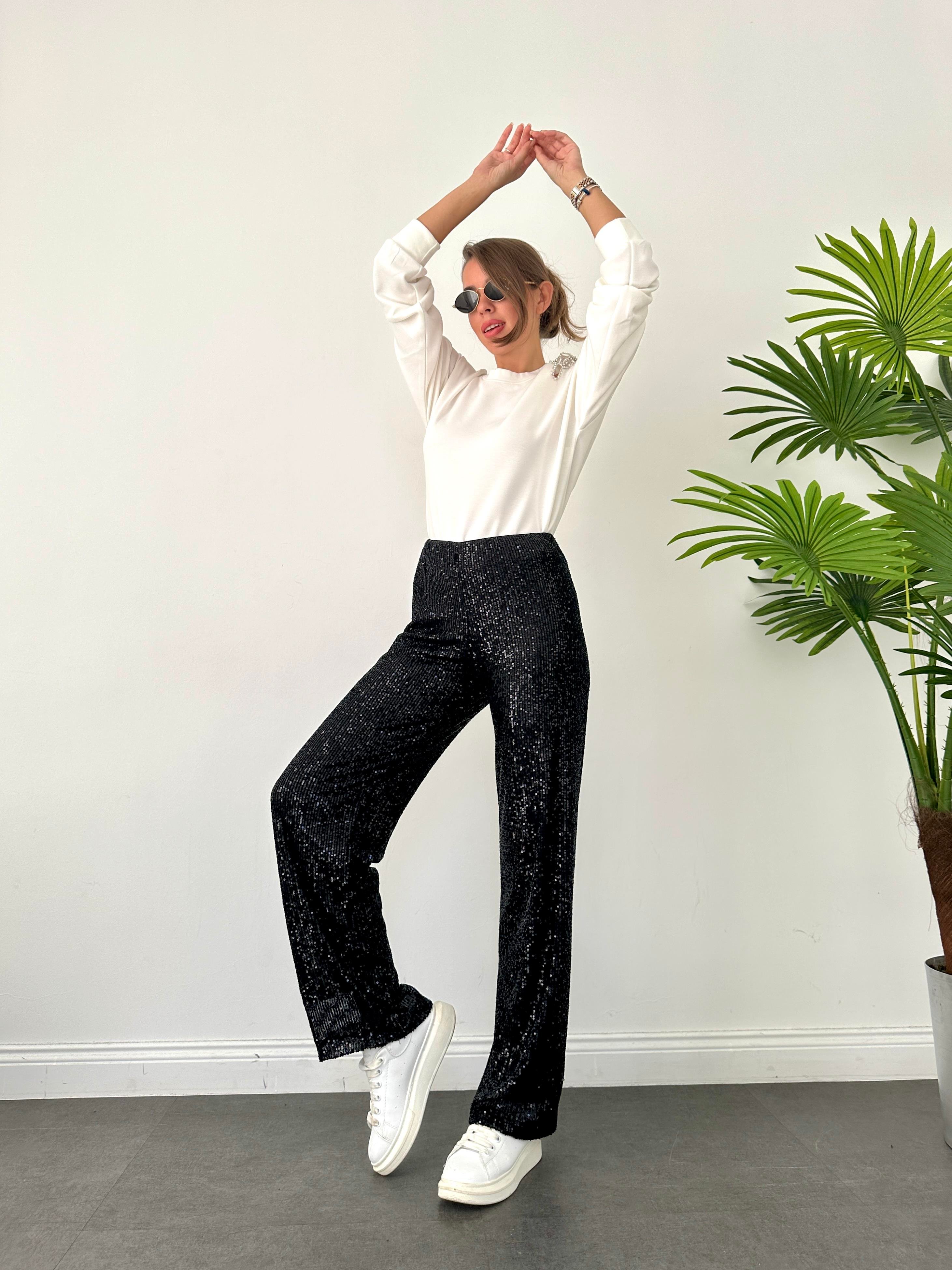 Siyah Payetli Bol Paça Pantolon