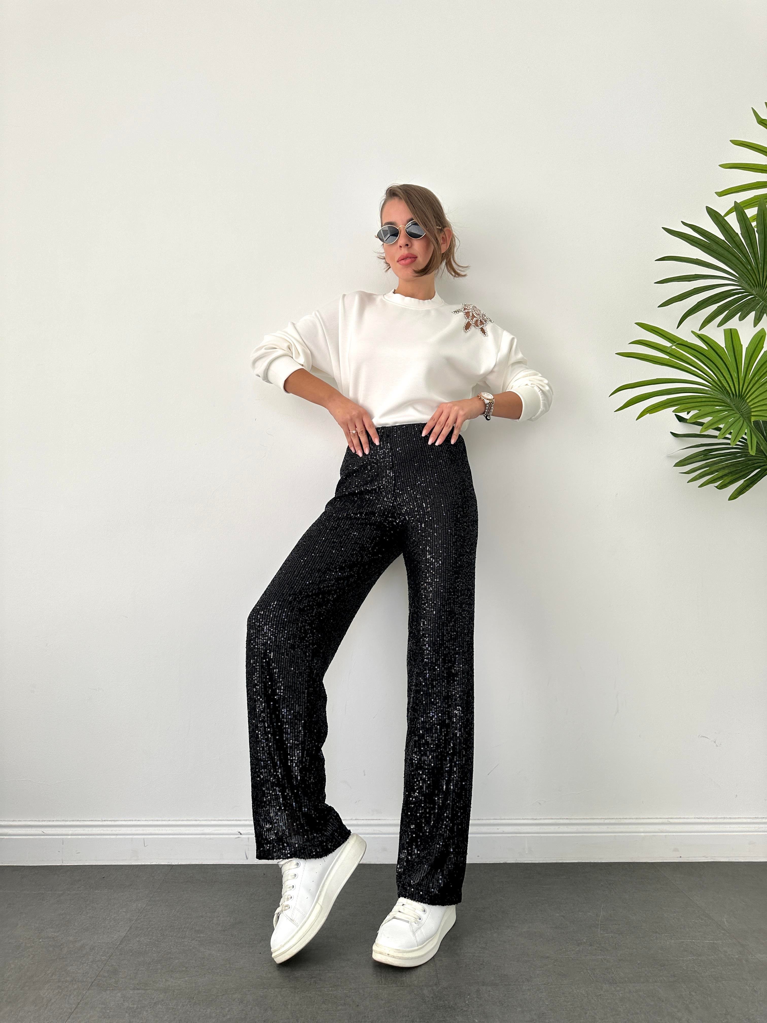 Siyah Payetli Bol Paça Pantolon