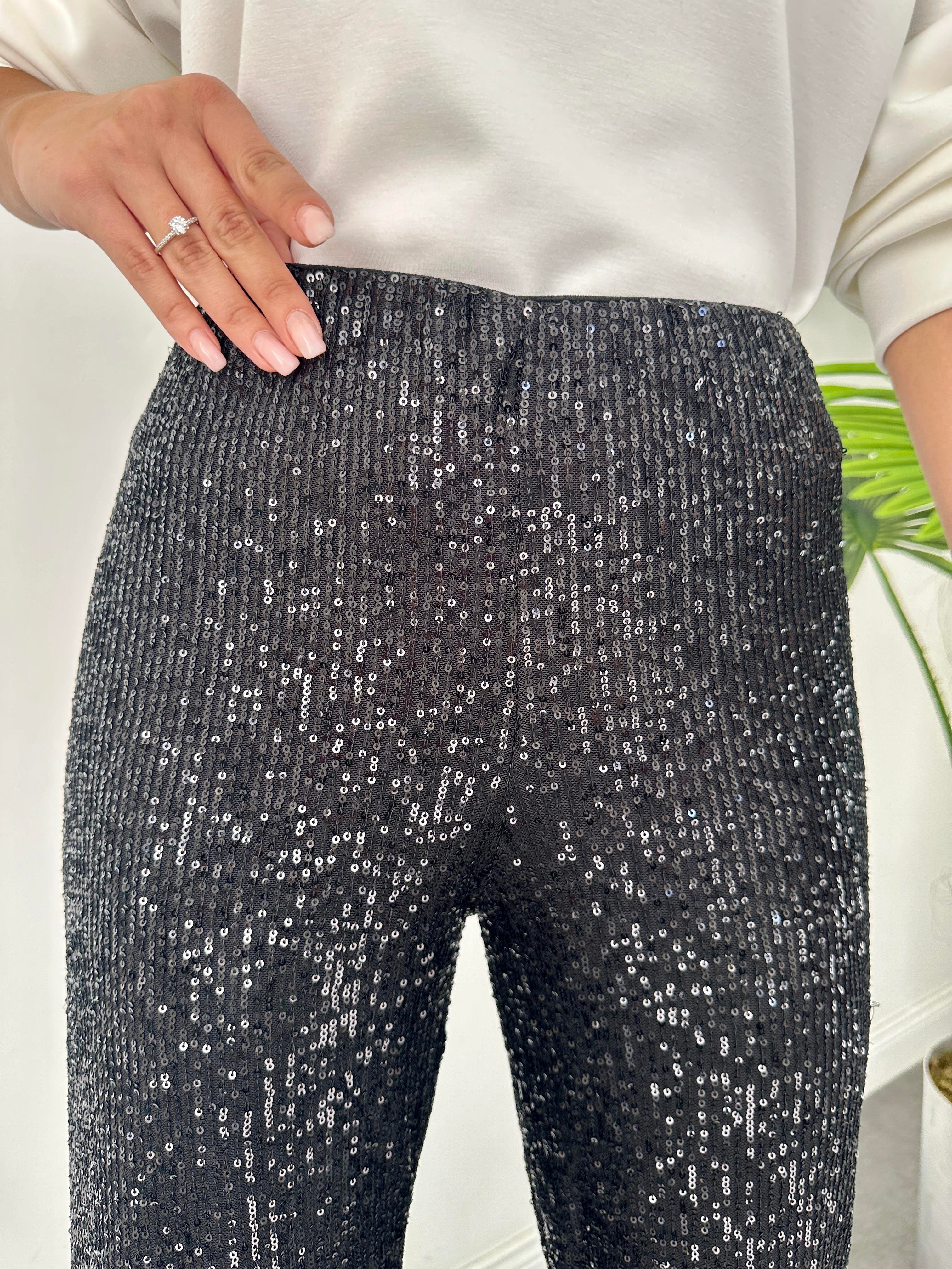 Siyah Payetli Bol Paça Pantolon