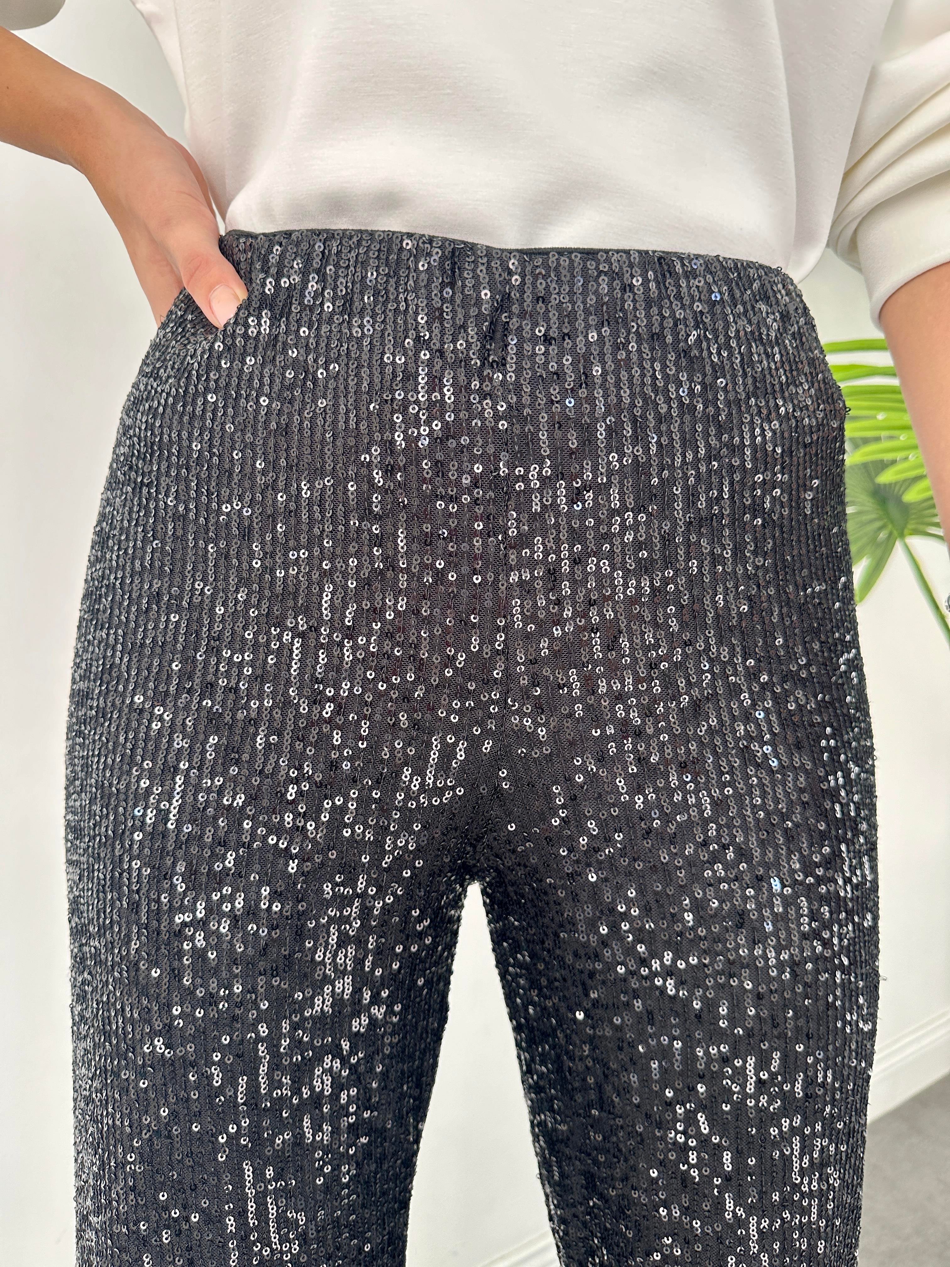 Siyah Payetli Bol Paça Pantolon