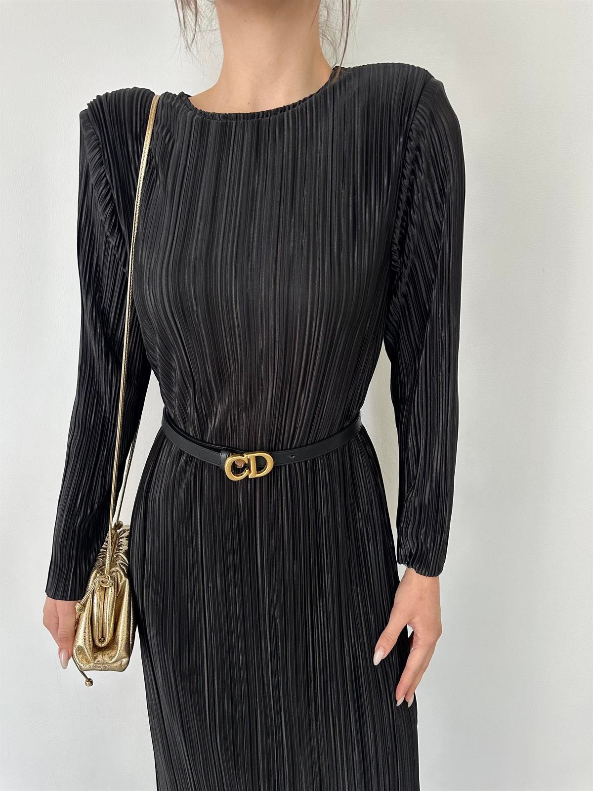 Siyah Pilise Midi Boy Kadın Elbise