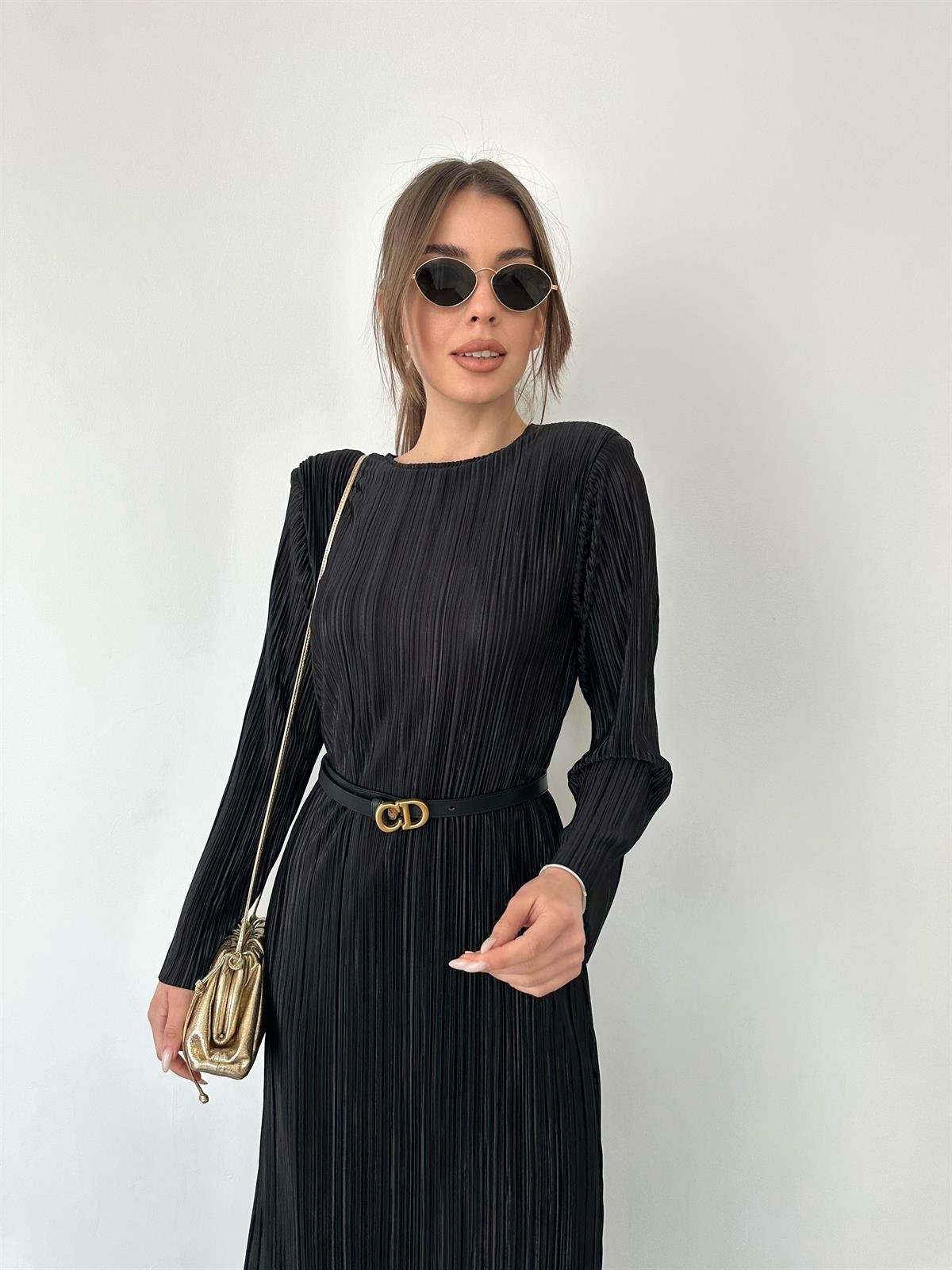 Siyah Pilise Midi Boy Kadın Elbise