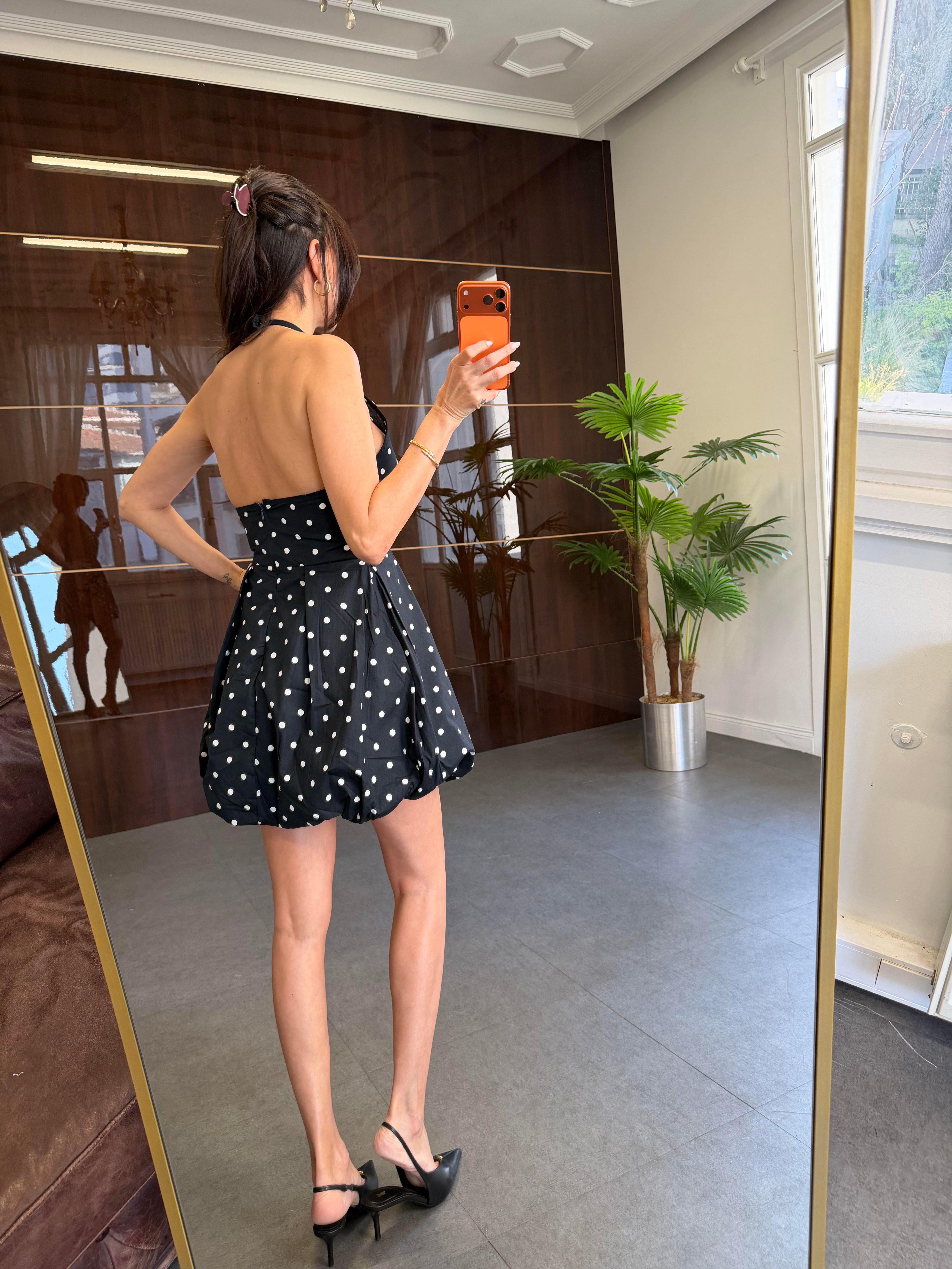 Siyah Puantiyeli Mini Balon Elbise