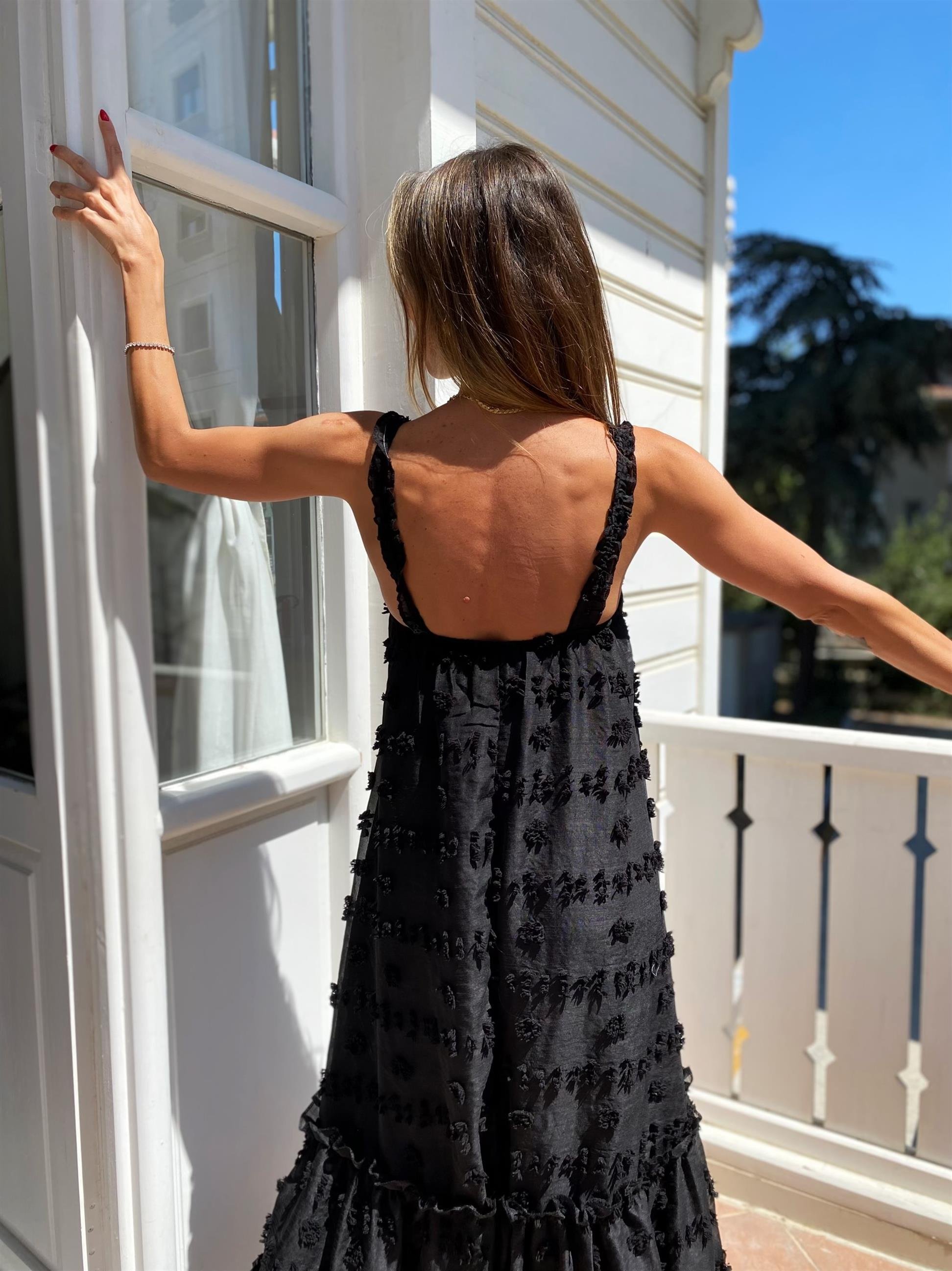 Siyah  Rose İp Askılı Elbise